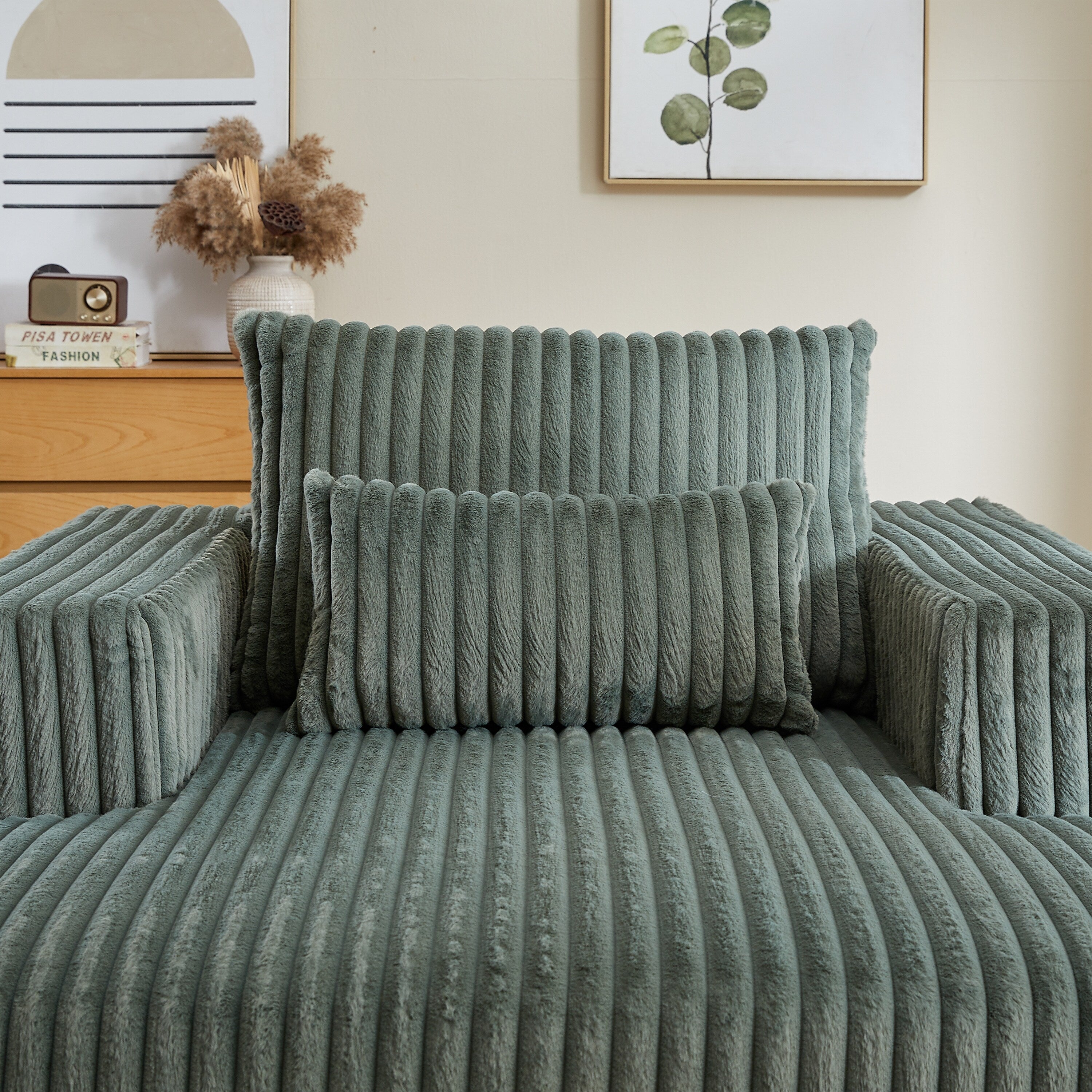 Fauteuil de salon moderne en velours côtelé vert armée de 62,5 po avec 2 coussins