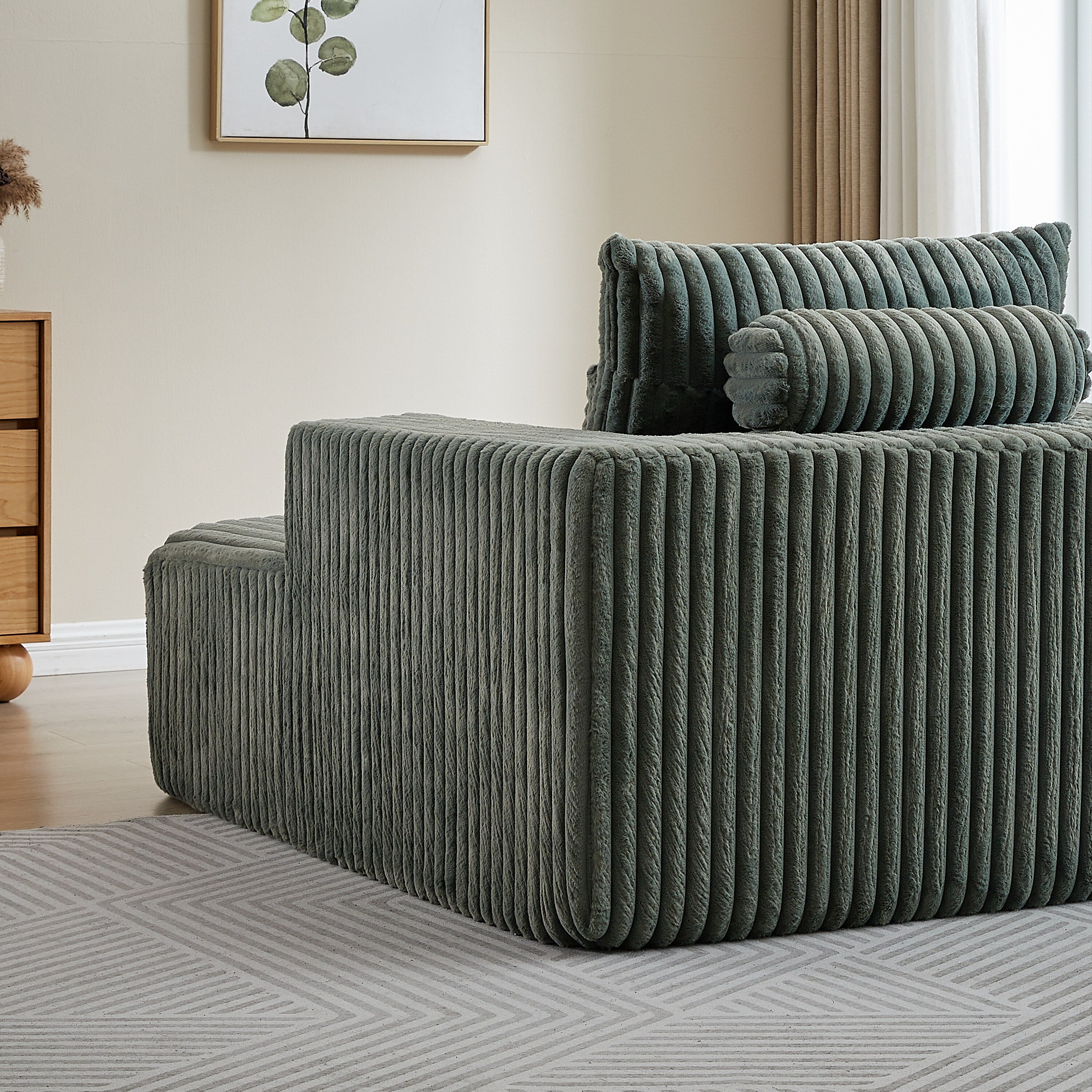 Fauteuil de salon moderne en velours côtelé vert armée de 62,5 po avec 2 coussins