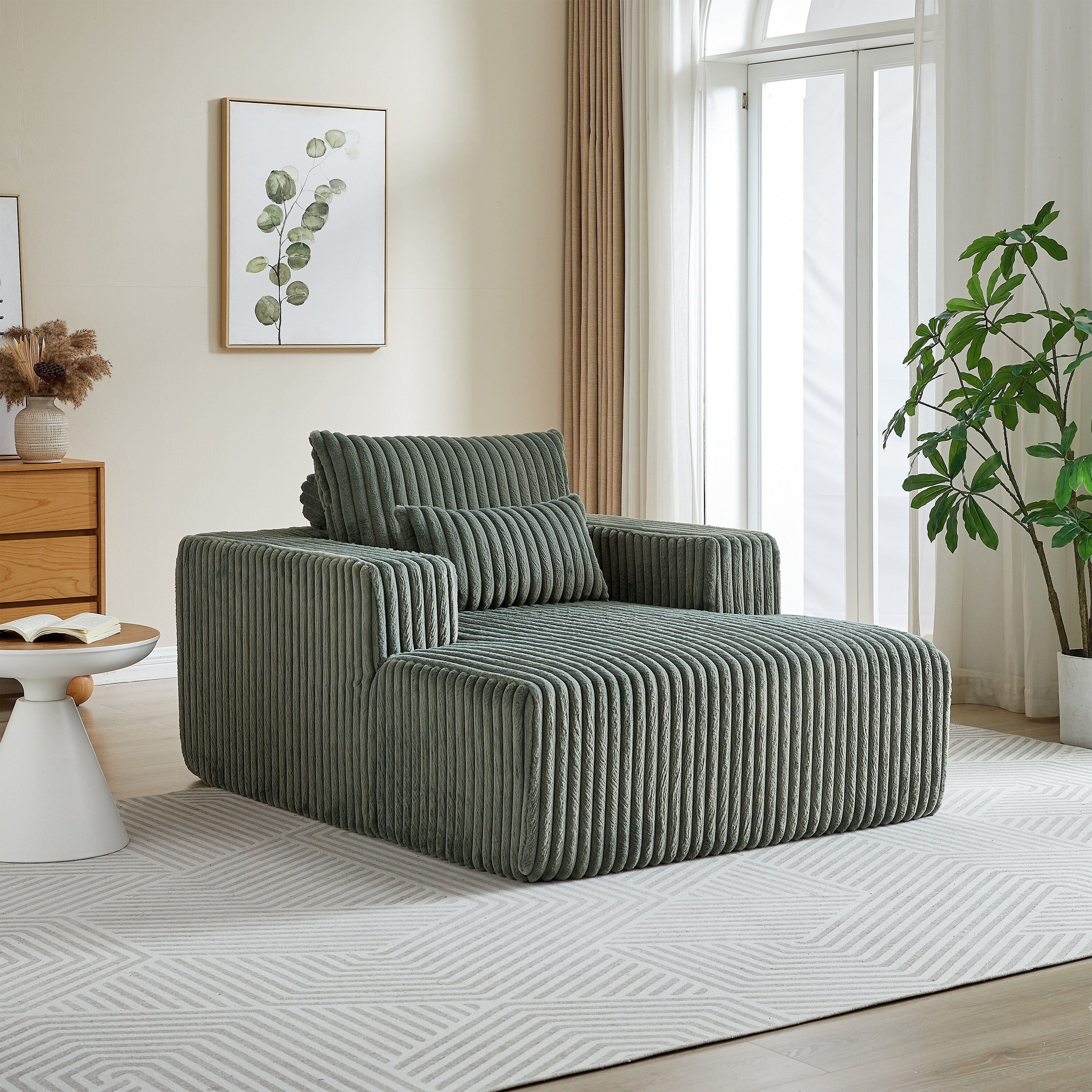 Fauteuil de salon moderne en velours côtelé vert armée de 62,5 po avec 2 coussins