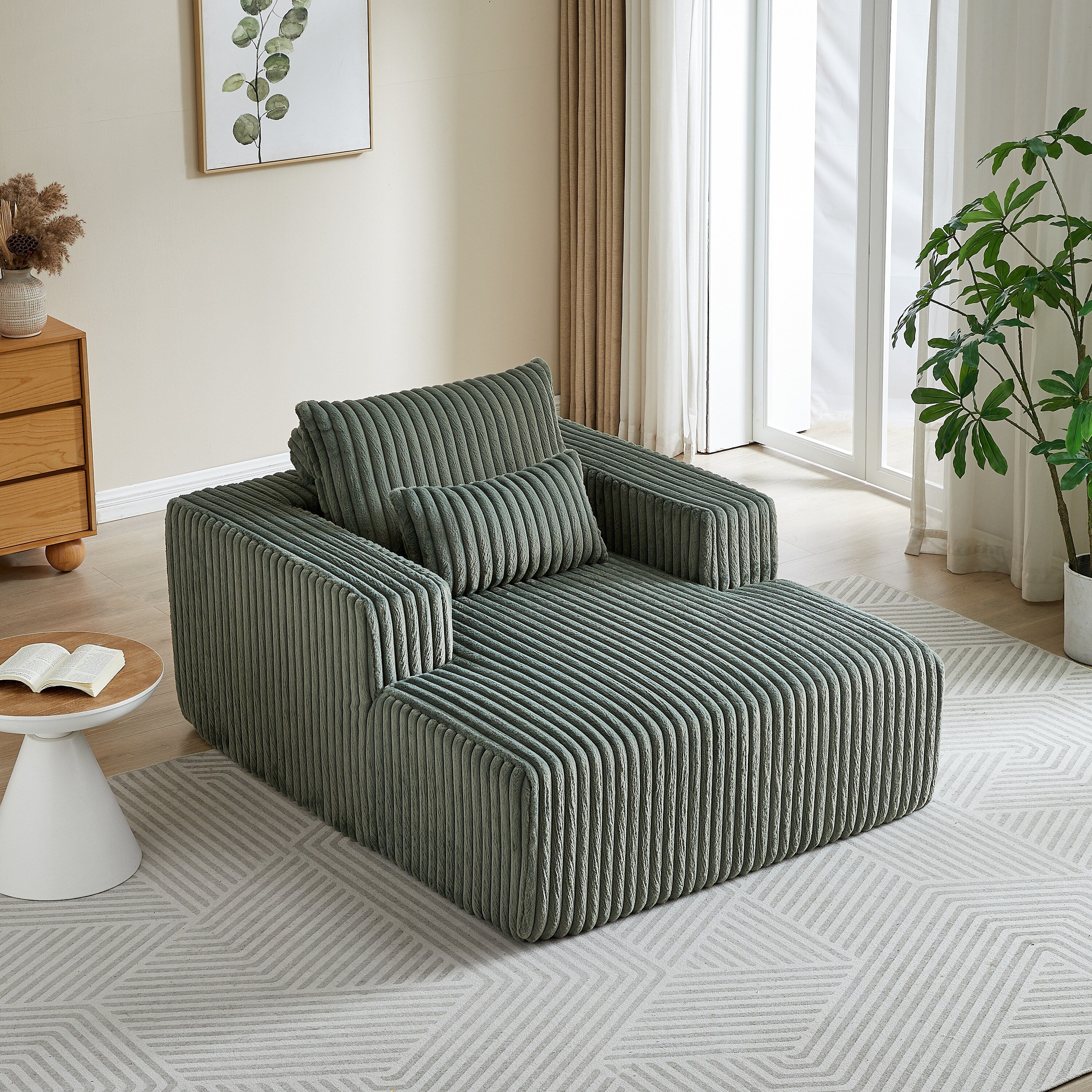 Fauteuil de salon moderne en velours côtelé vert armée de 62,5 po avec 2 coussins