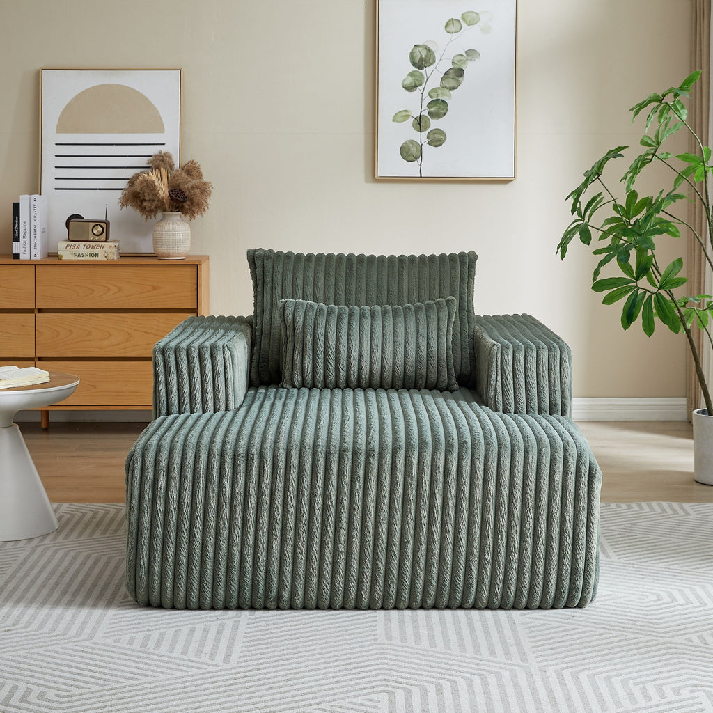 Fauteuil de salon moderne en velours côtelé vert armée de 62,5 po avec 2 coussins