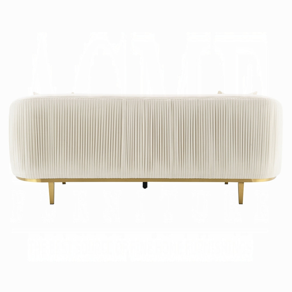 Canapé Artina, 2 coussins décoratifs, velours ivoire, métal doré, 226 cm