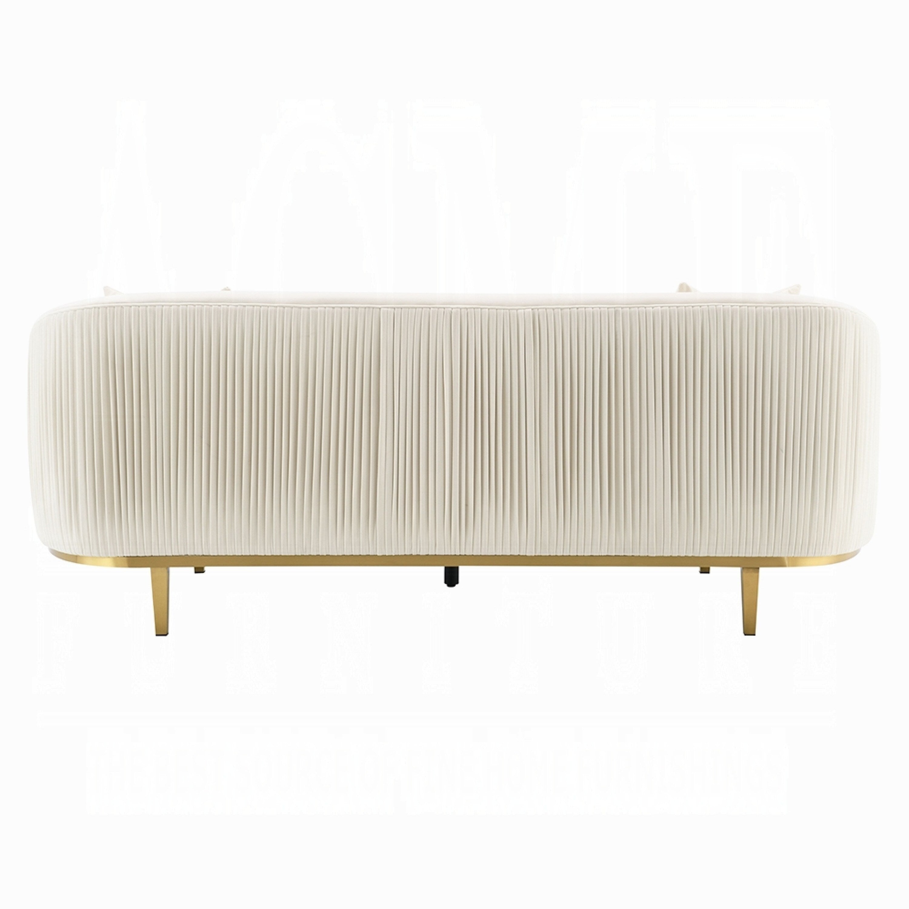 Canapé Artina, 2 coussins décoratifs, velours ivoire, métal doré, 226 cm