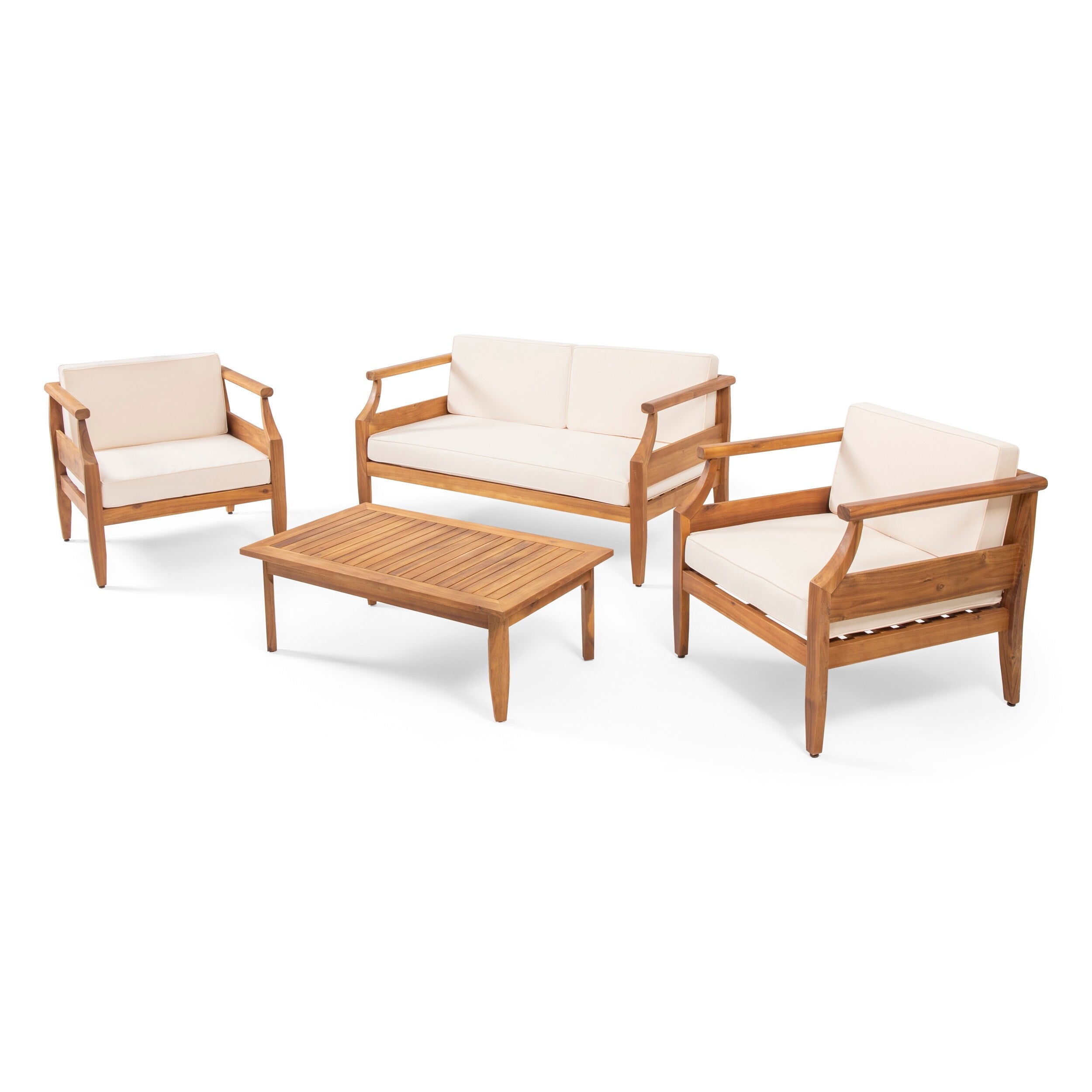 Ensemble de salon de jardin 4 places Aston de style Mid-Century Modern en acacia avec coussins par Christopher Knight Home