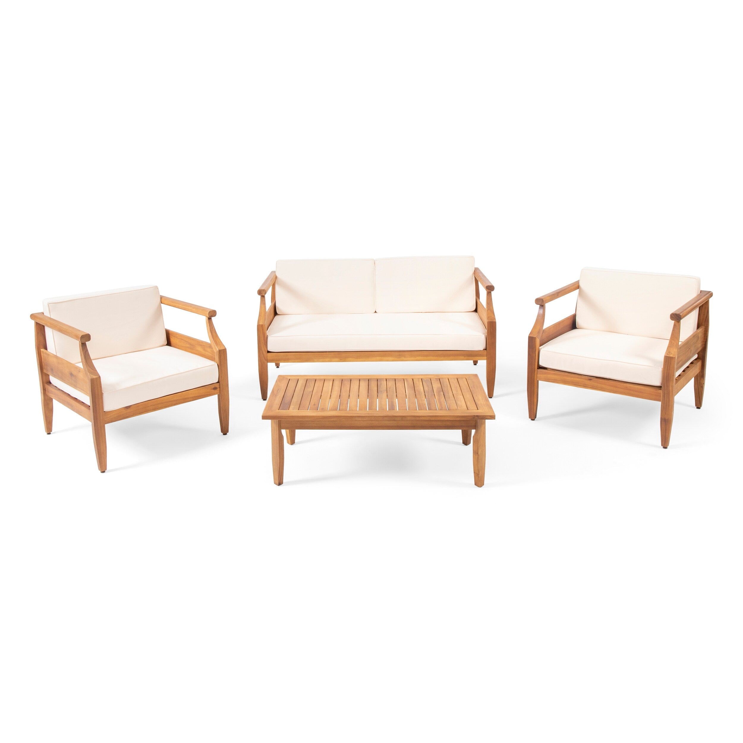 Ensemble de salon de jardin 4 places Aston de style Mid-Century Modern en acacia avec coussins par Christopher Knight Home