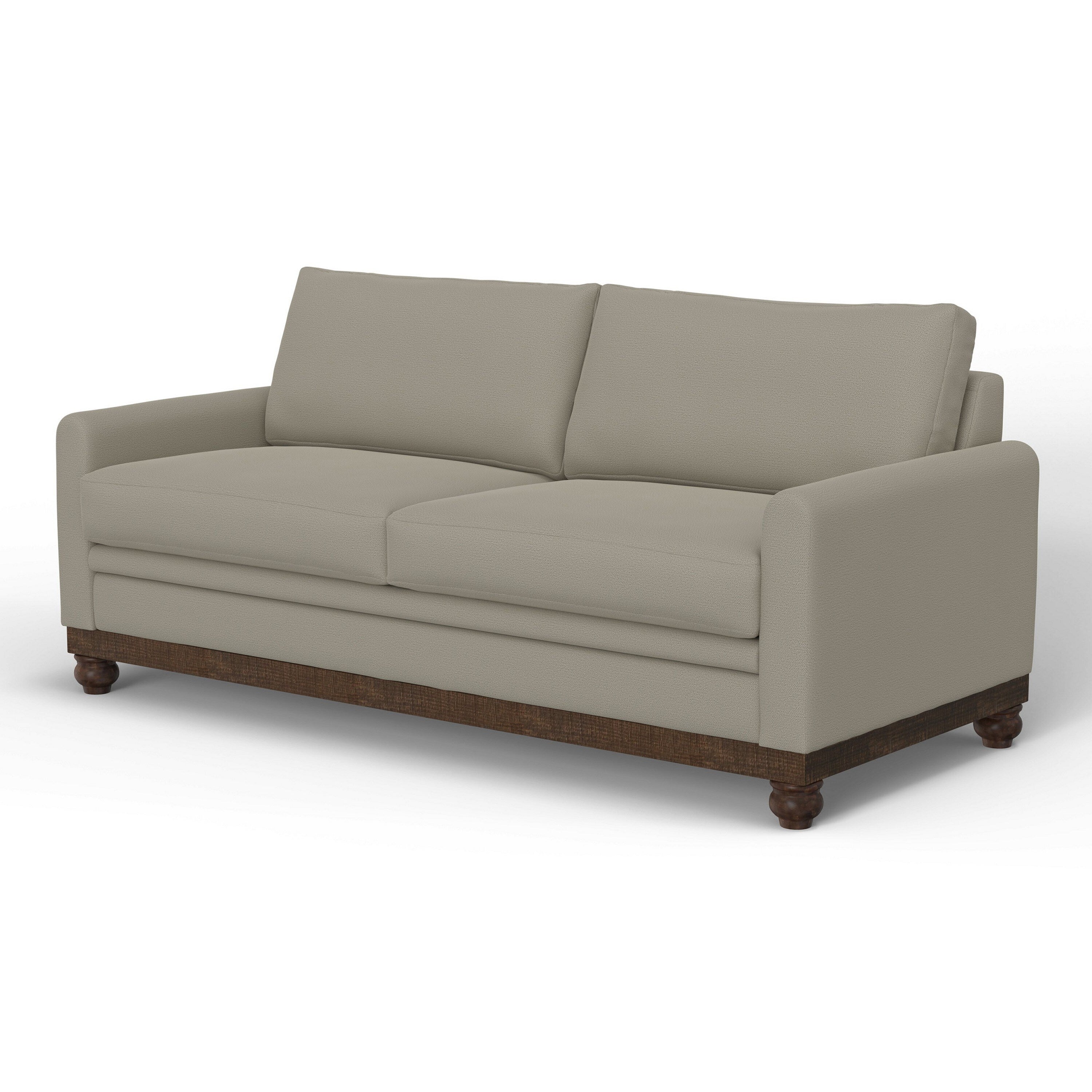 Canapé Ata, polyester gris amande, 2 coussins, bois massif marron, 218 cm