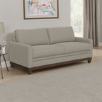 Canapé Ata, polyester gris amande, 2 coussins, bois massif marron, 218 cm