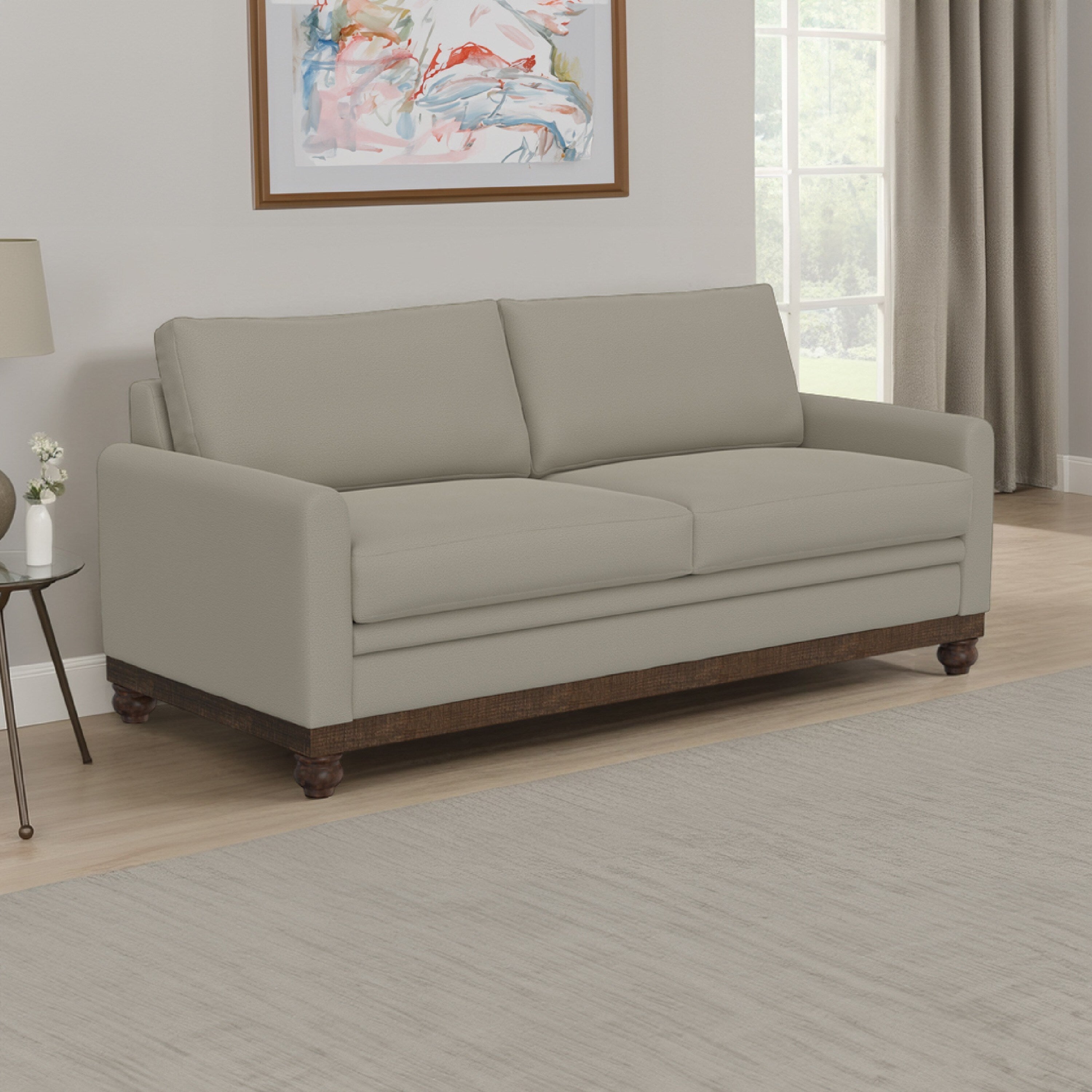 Canapé Ata, polyester gris amande, 2 coussins, bois massif marron, 218 cm