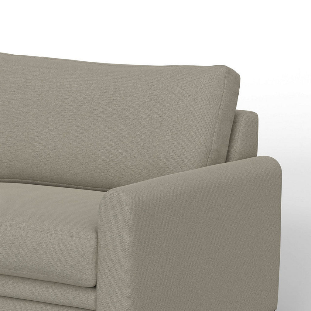 Canapé Ata, polyester gris amande, 2 coussins, bois massif marron, 218 cm