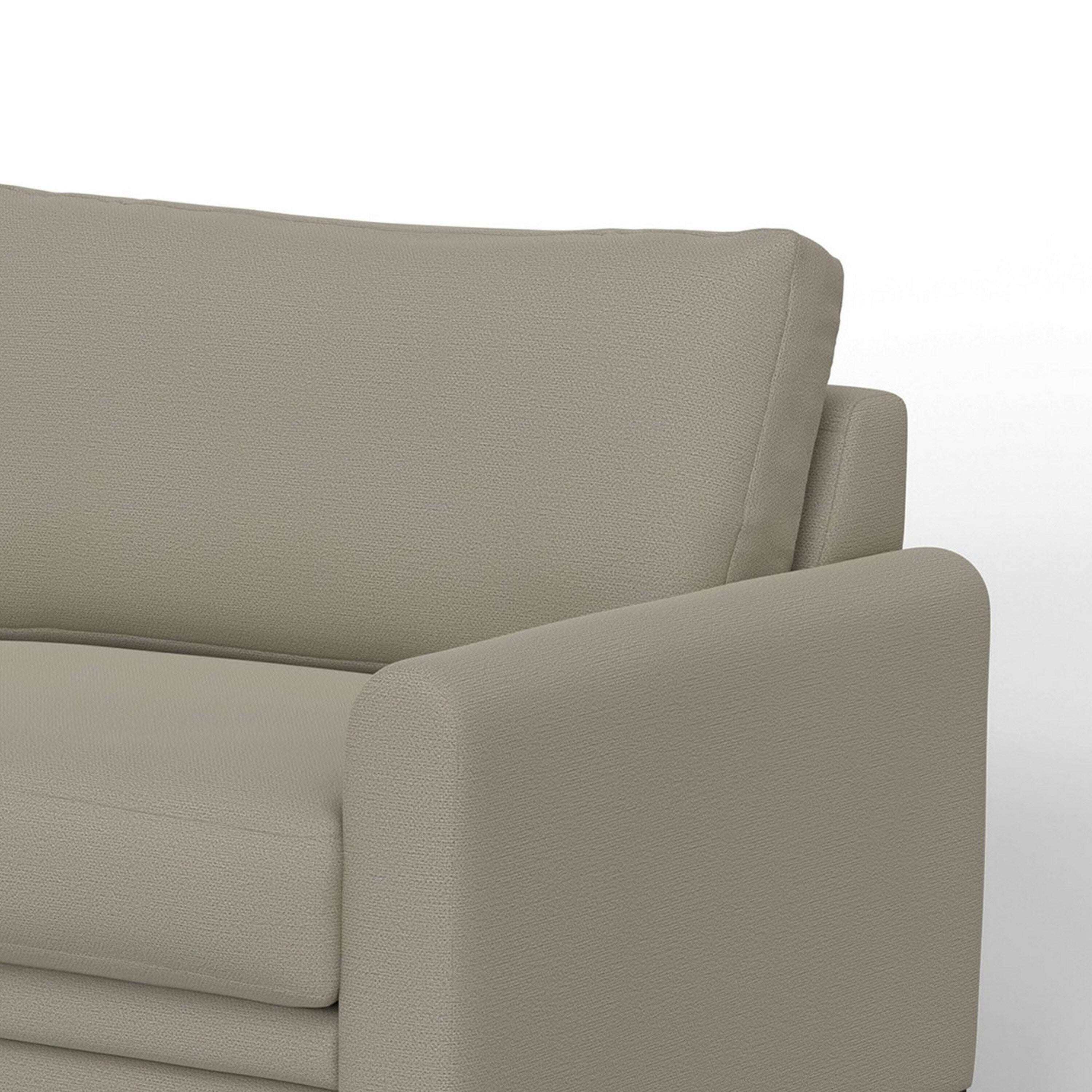 Canapé Ata, polyester gris amande, 2 coussins, bois massif marron, 218 cm