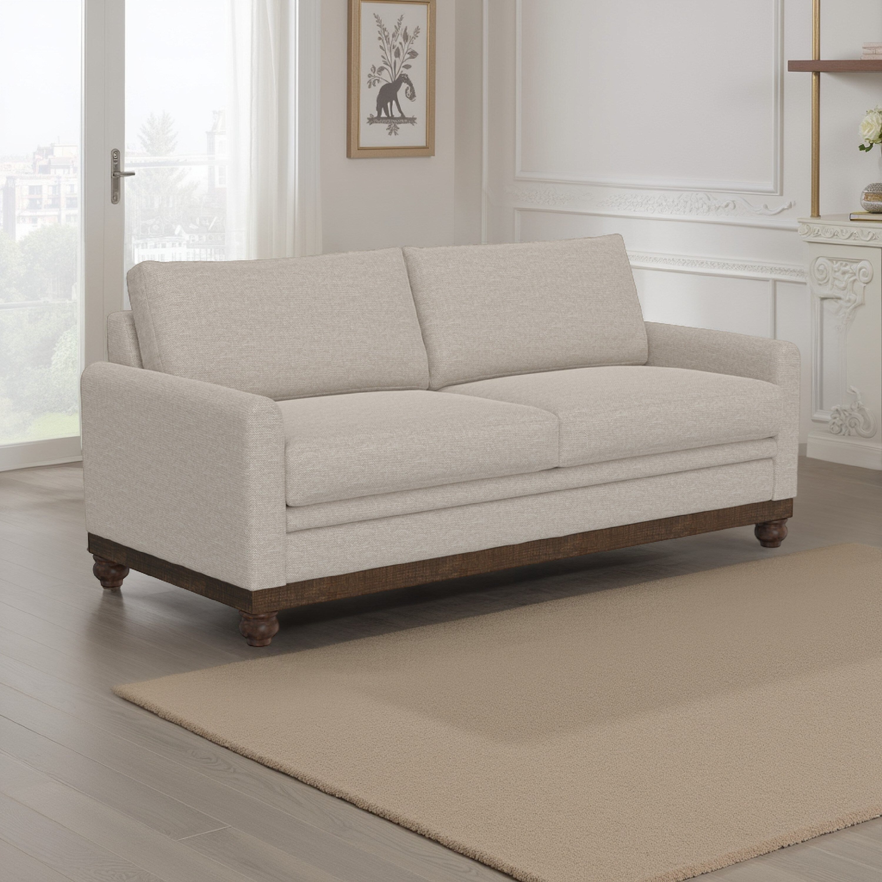 Canapé Ata, polyester beige, 2 coussins, structure en bois massif marron, 218 cm