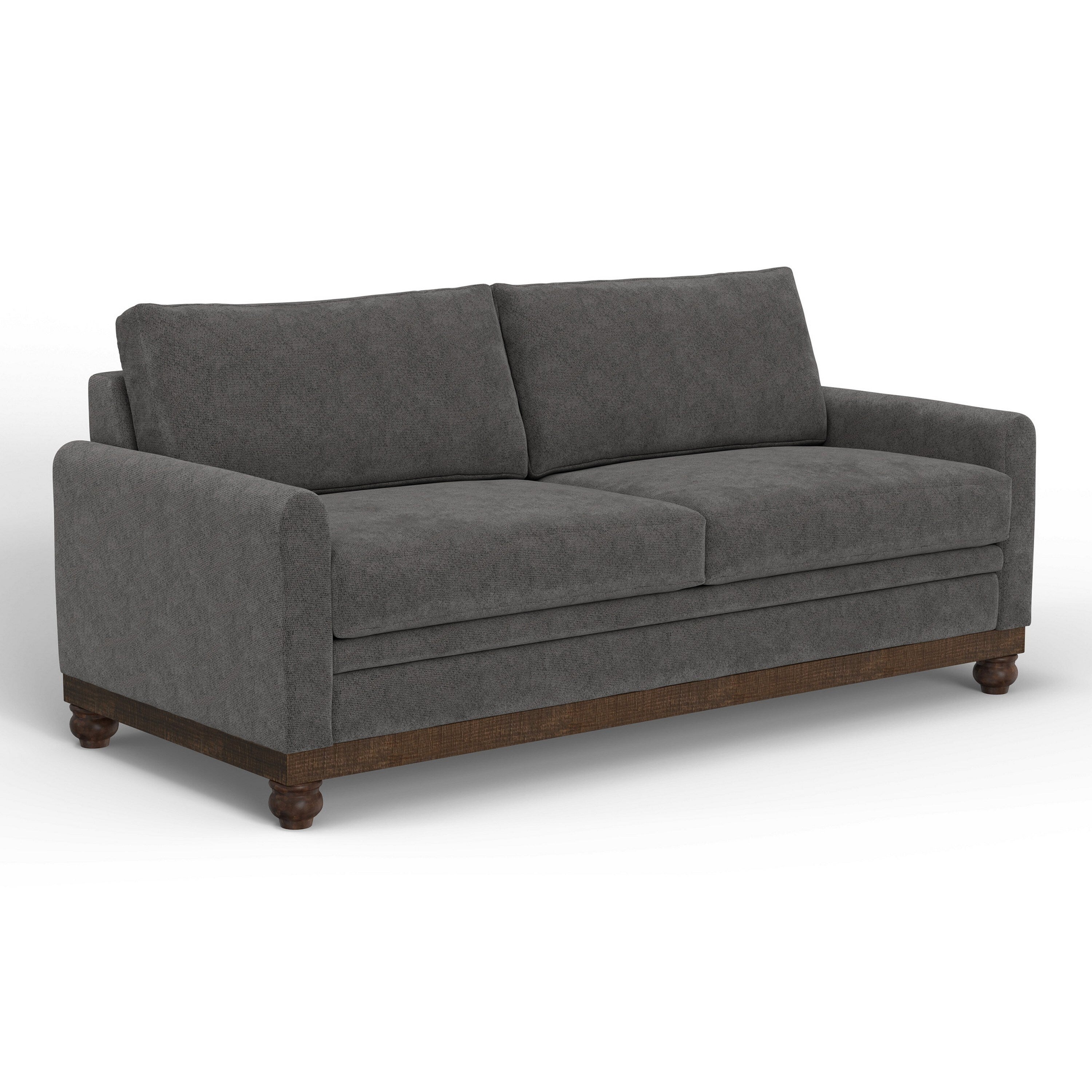 Canapé Ata, polyester gris fer, 2 coussins décoratifs, bois massif marron, 218 cm