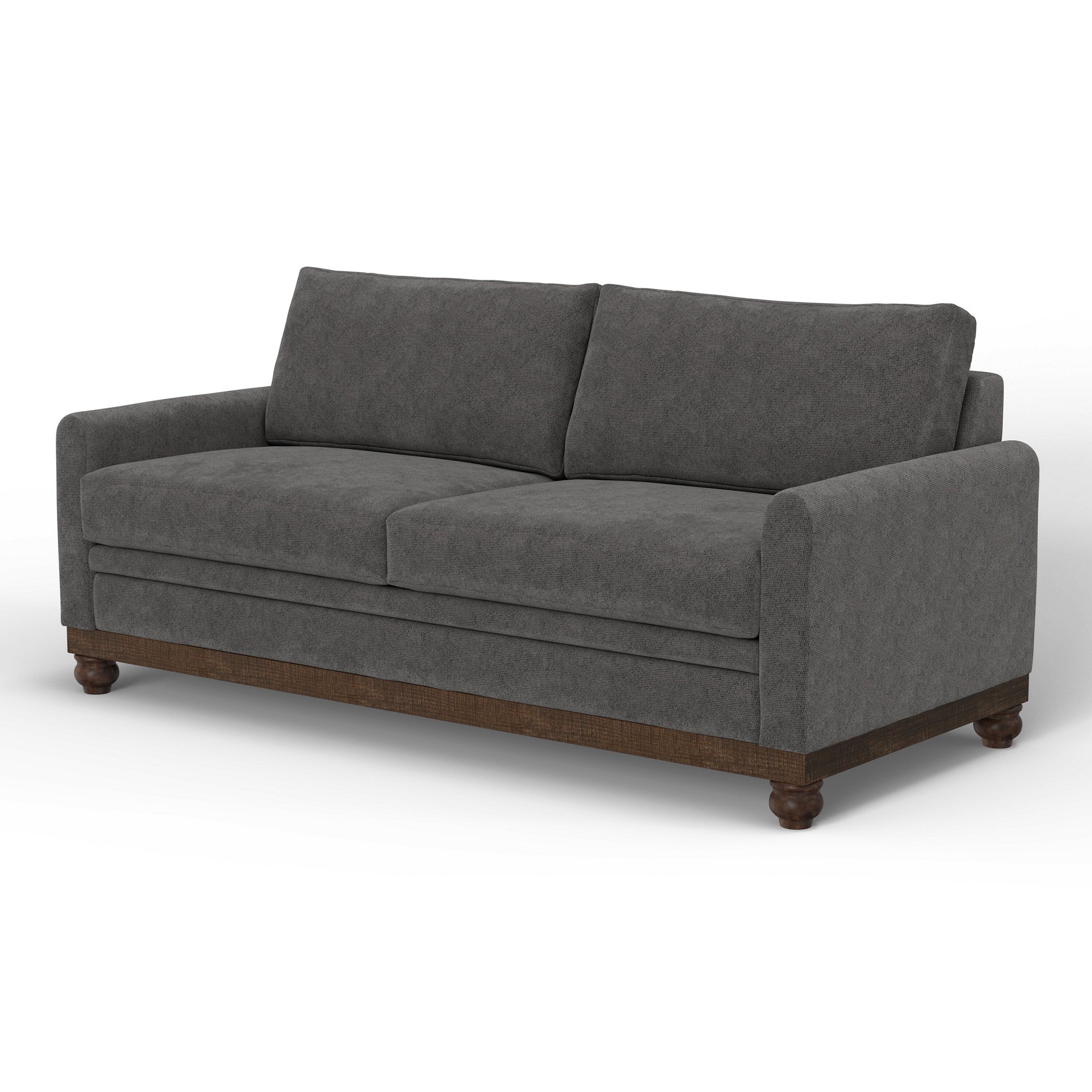 Canapé Ata, polyester gris fer, 2 coussins décoratifs, bois massif marron, 218 cm