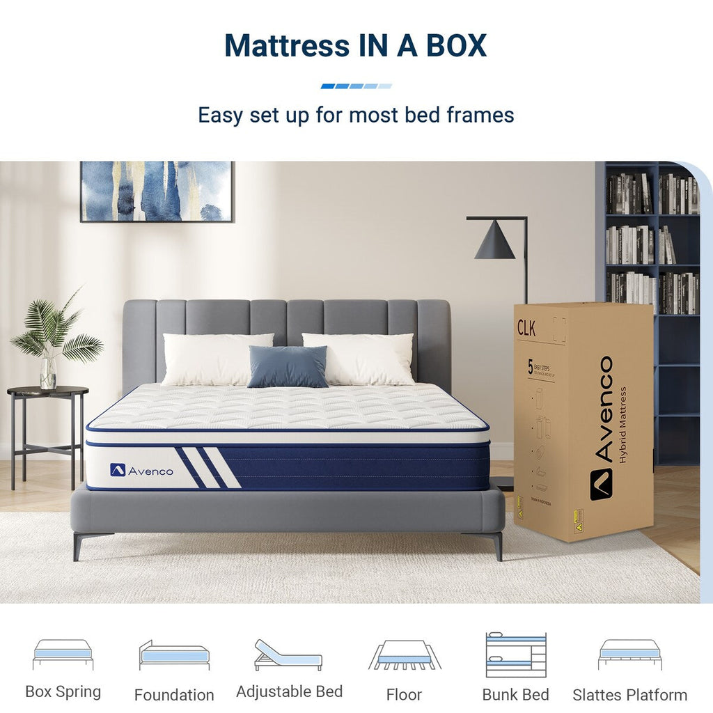 Matelas hybride Avenco 10'' en mousse à mémoire de forme et ressorts ensachés dans une boîte