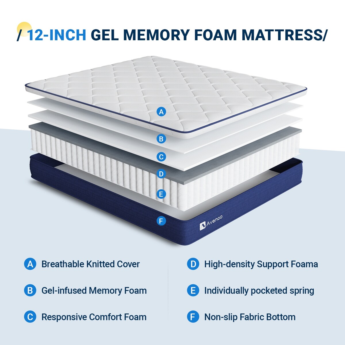 Matelas hybride en mousse à mémoire de forme moyenne Avenco 12 po
