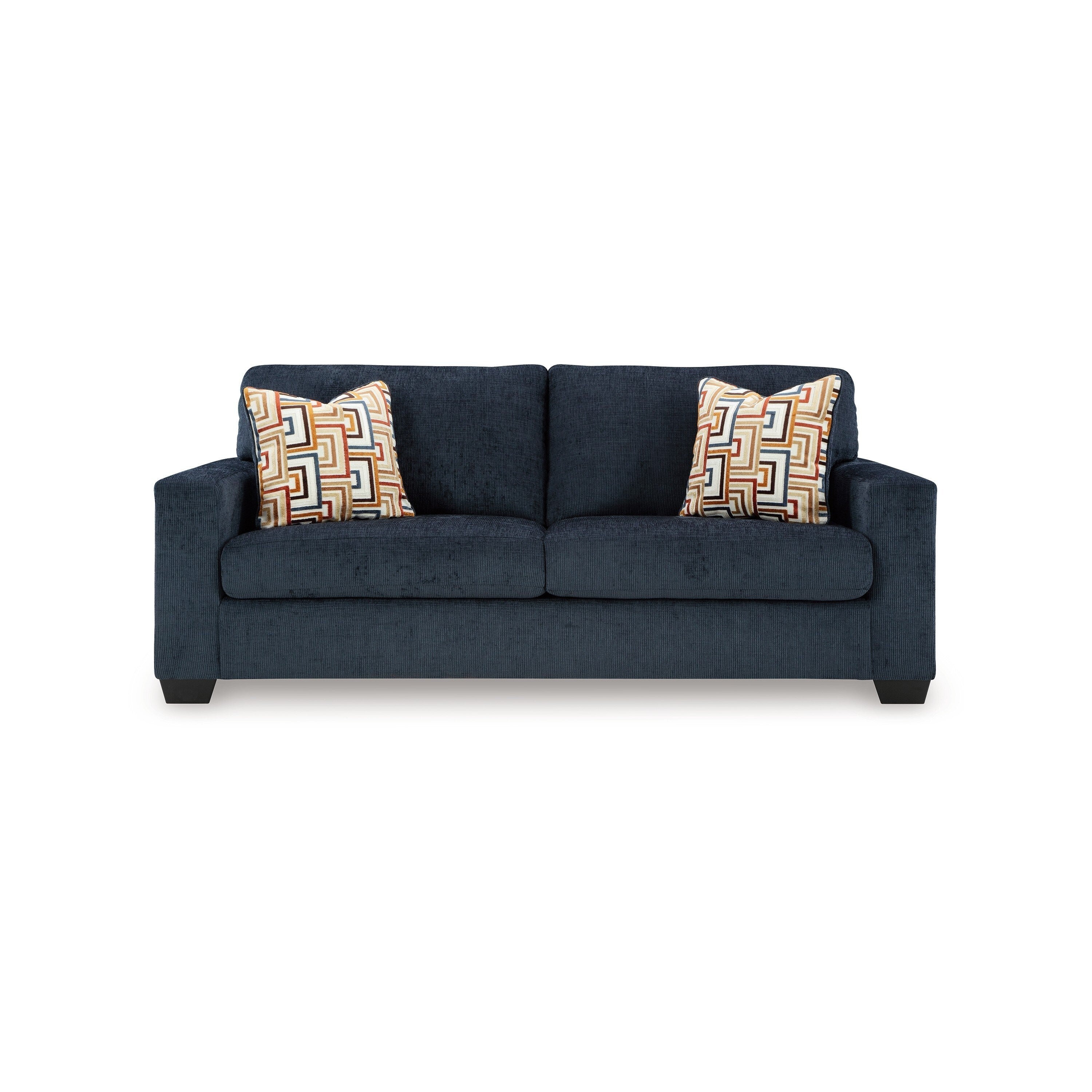 Canapé Avie, 2 coussins décoratifs, 85 pouces, noir, polyester bleu marine doux