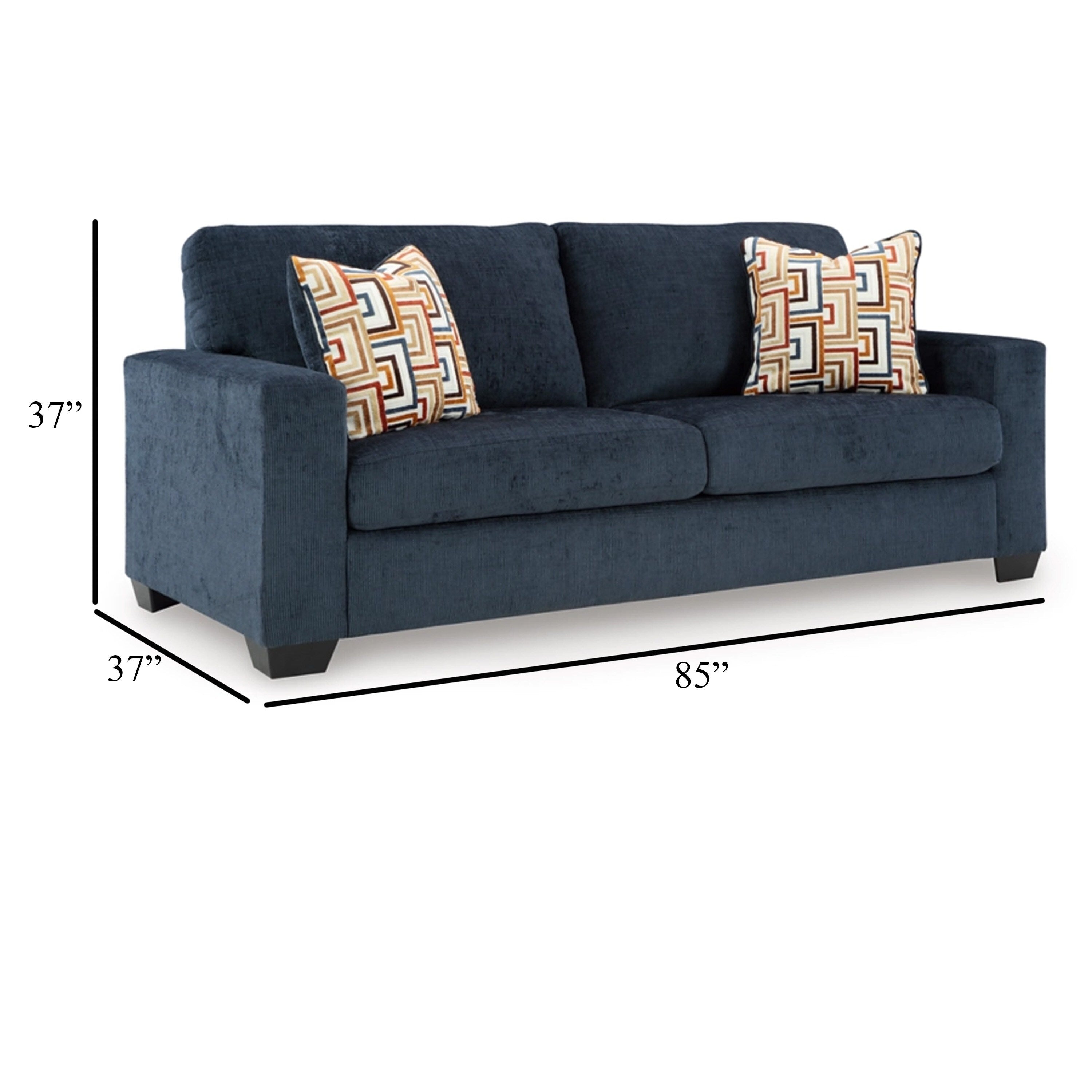 Canapé Avie, 2 coussins décoratifs, 85 pouces, noir, polyester bleu marine doux