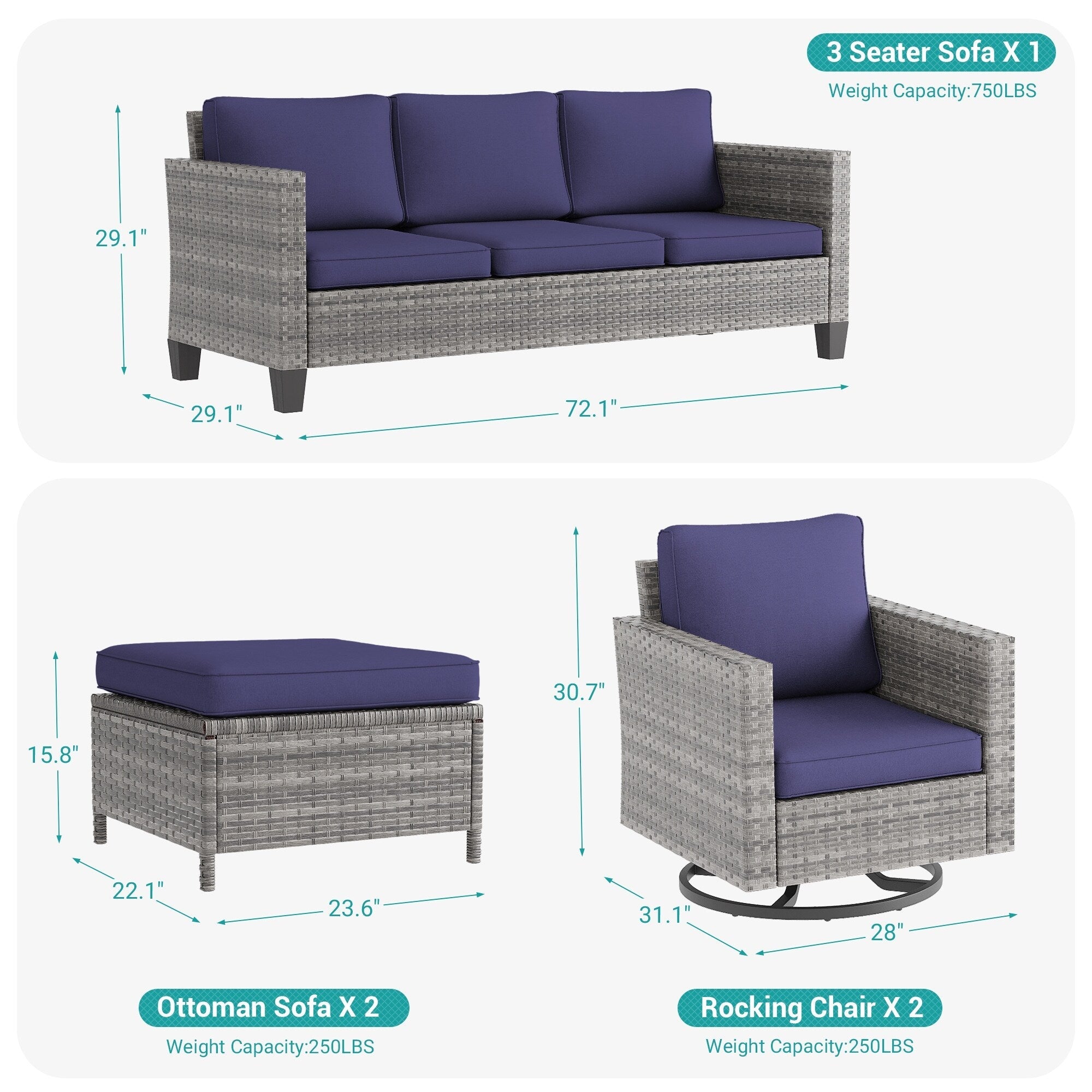 Ensemble de 5 canapés pivotants et à bascule pour patio BONOSUKI en rotin gris