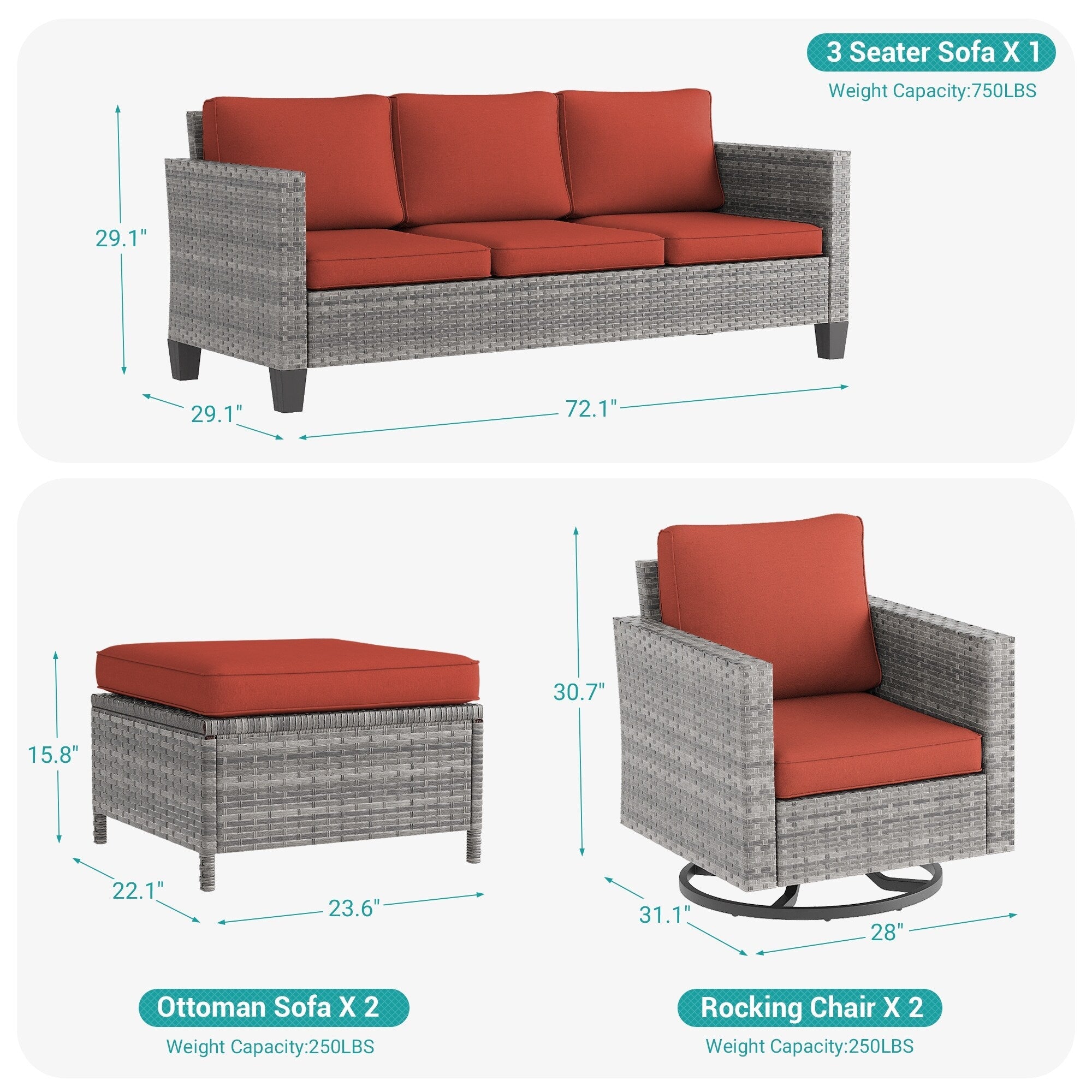 Ensemble de 5 canapés pivotants et à bascule pour patio BONOSUKI en rotin gris