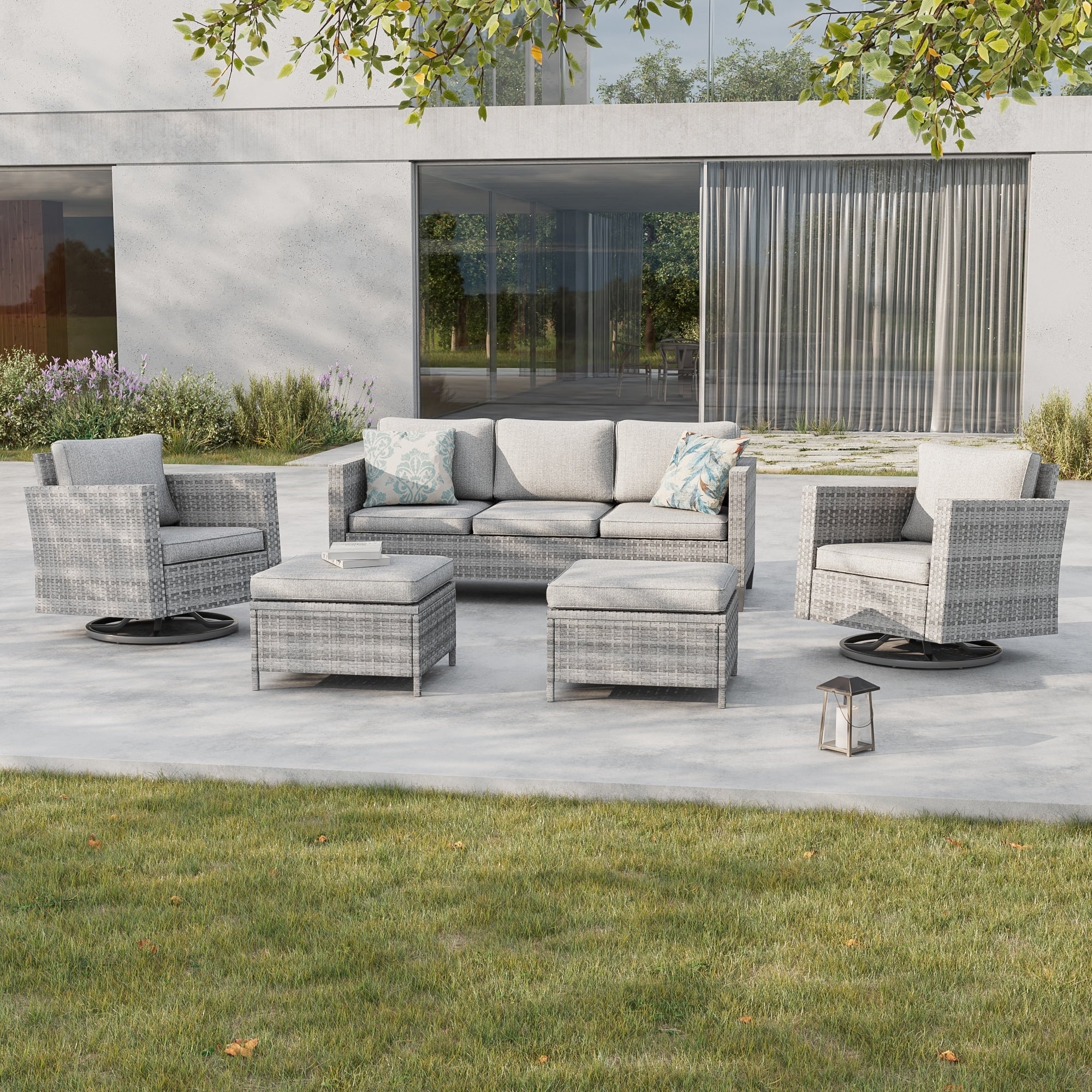 Ensemble de 5 canapés pivotants et à bascule pour patio BONOSUKI en rotin gris