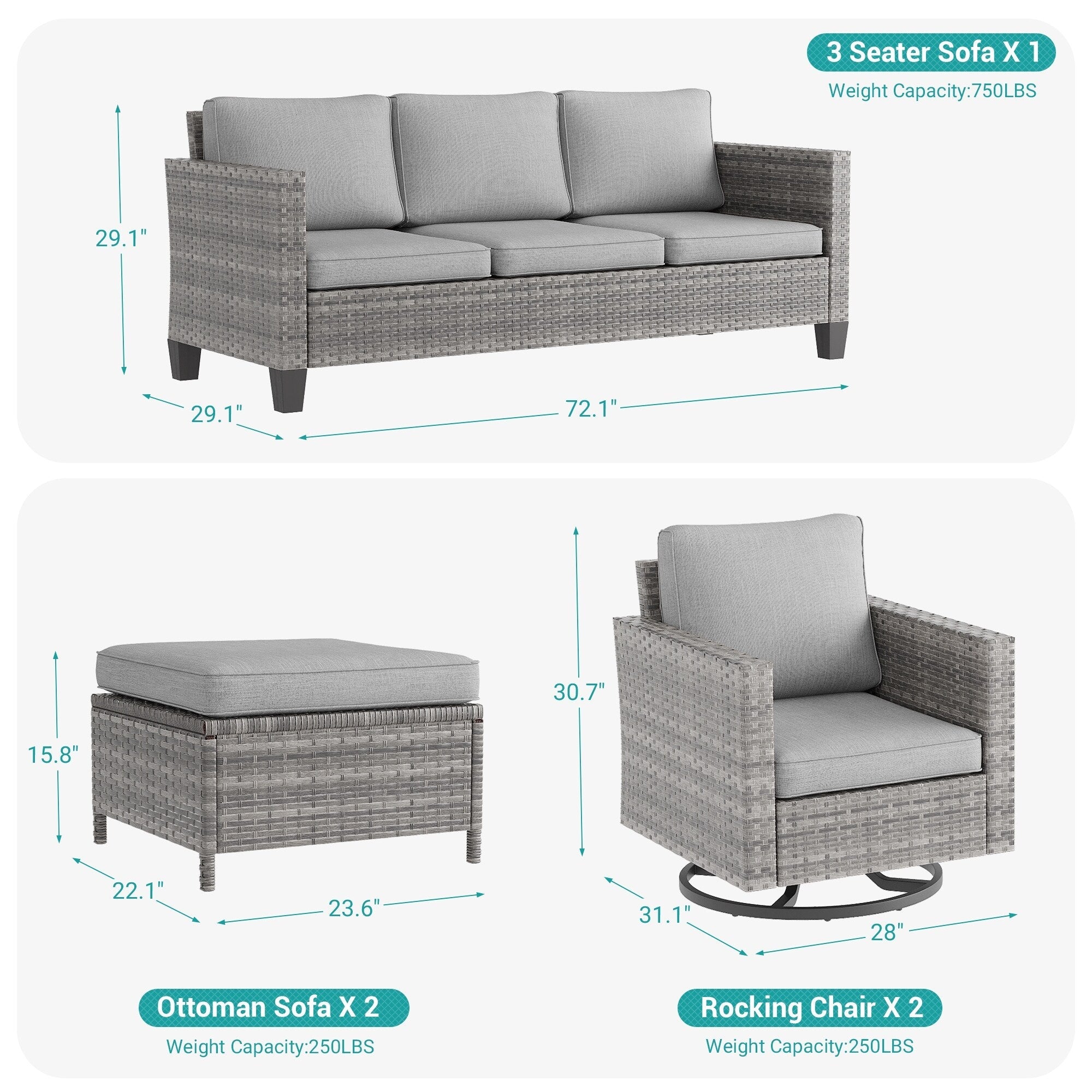 Ensemble de 5 canapés pivotants et à bascule pour patio BONOSUKI en rotin gris