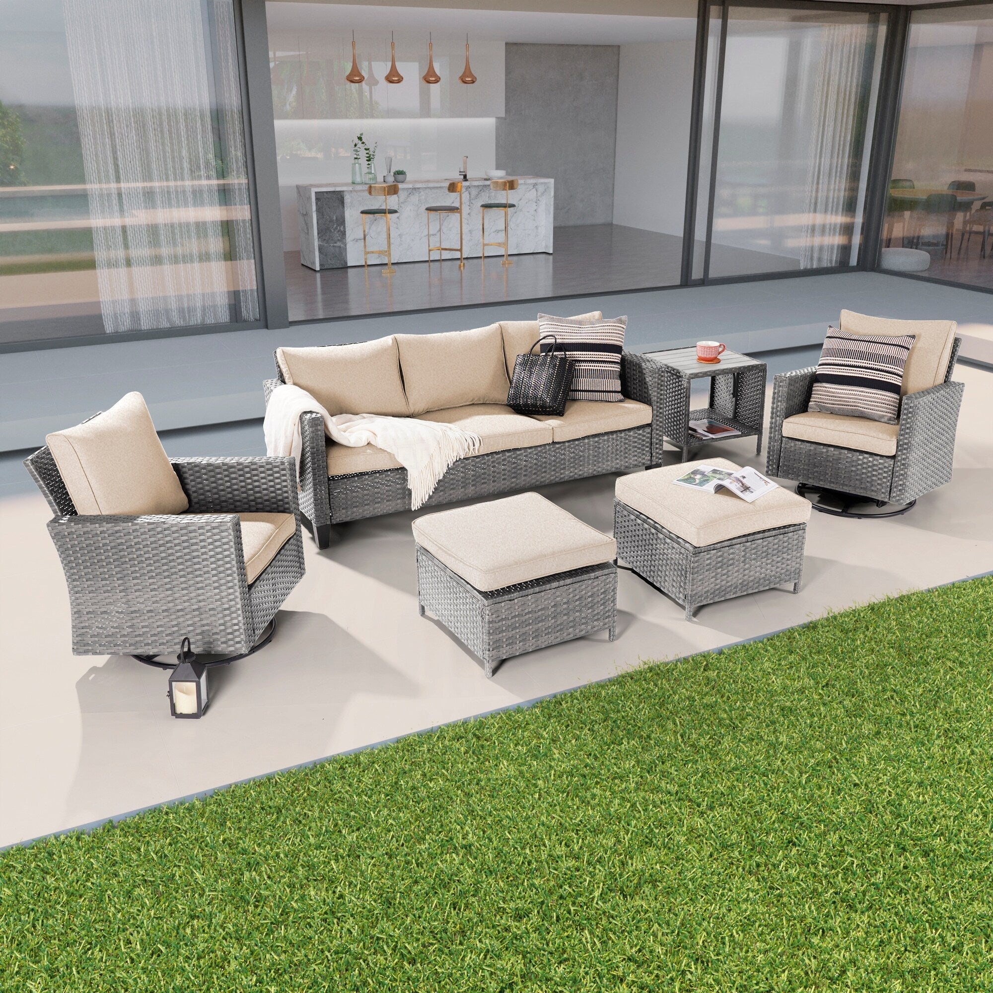 Ensemble de 6 canapés pivotants à bascule pour patio BONOSUKI en rotin gris avec table d'appoint