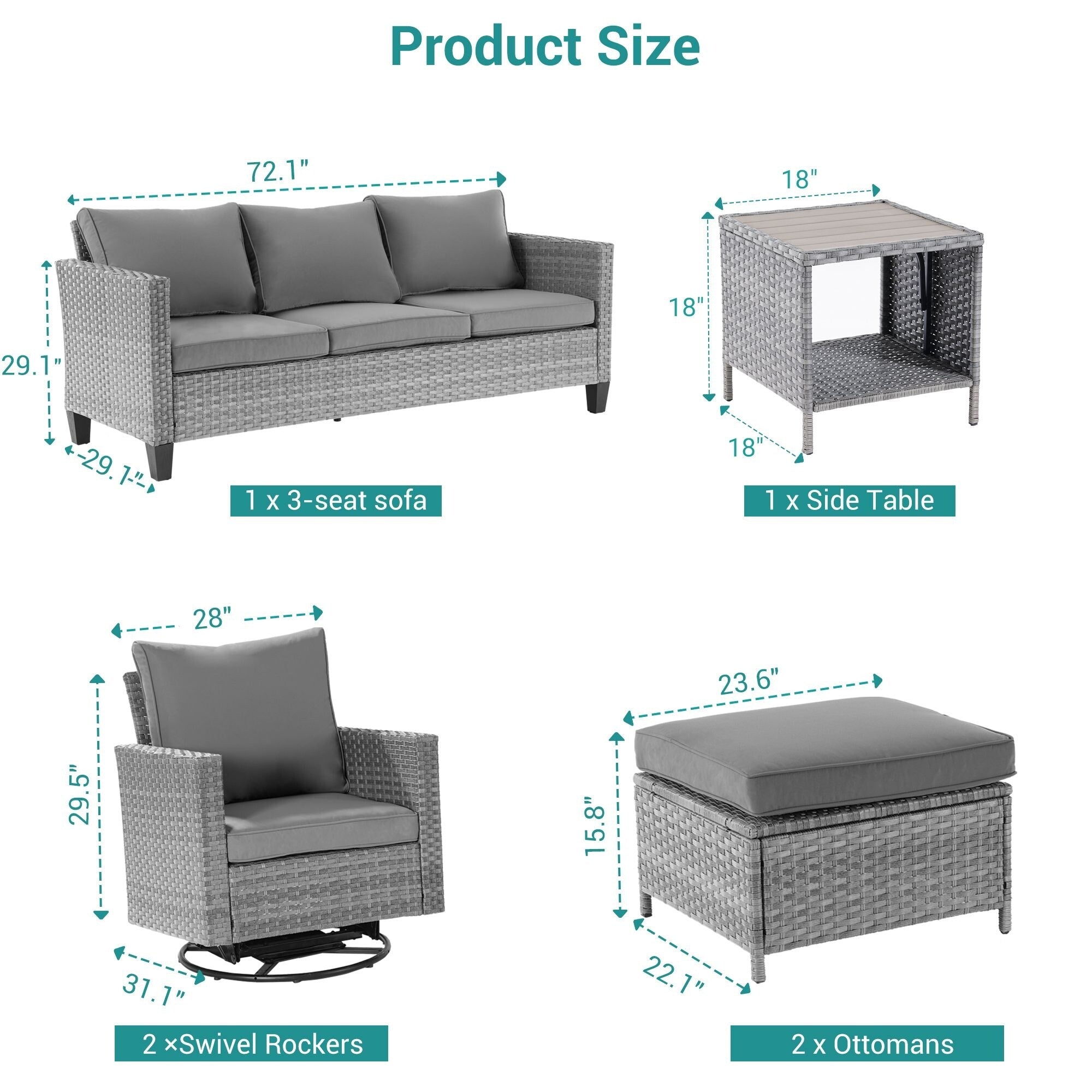 Ensemble de 6 canapés pivotants à bascule pour patio BONOSUKI en rotin gris avec table d'appoint