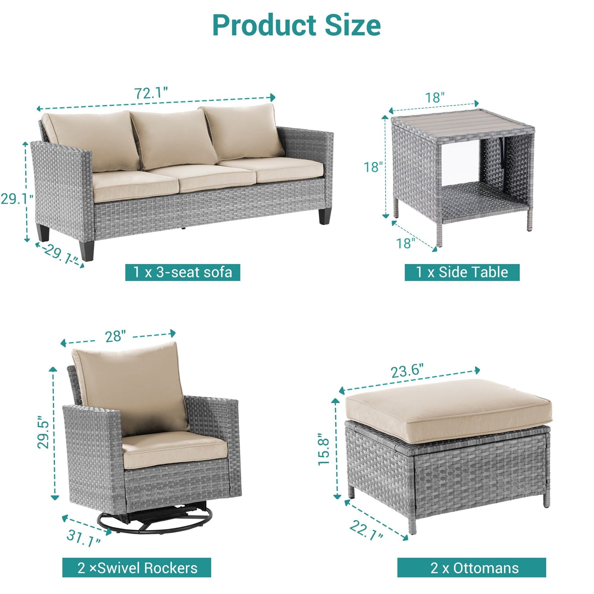 Ensemble de 6 canapés pivotants à bascule pour patio BONOSUKI en rotin gris avec table d'appoint