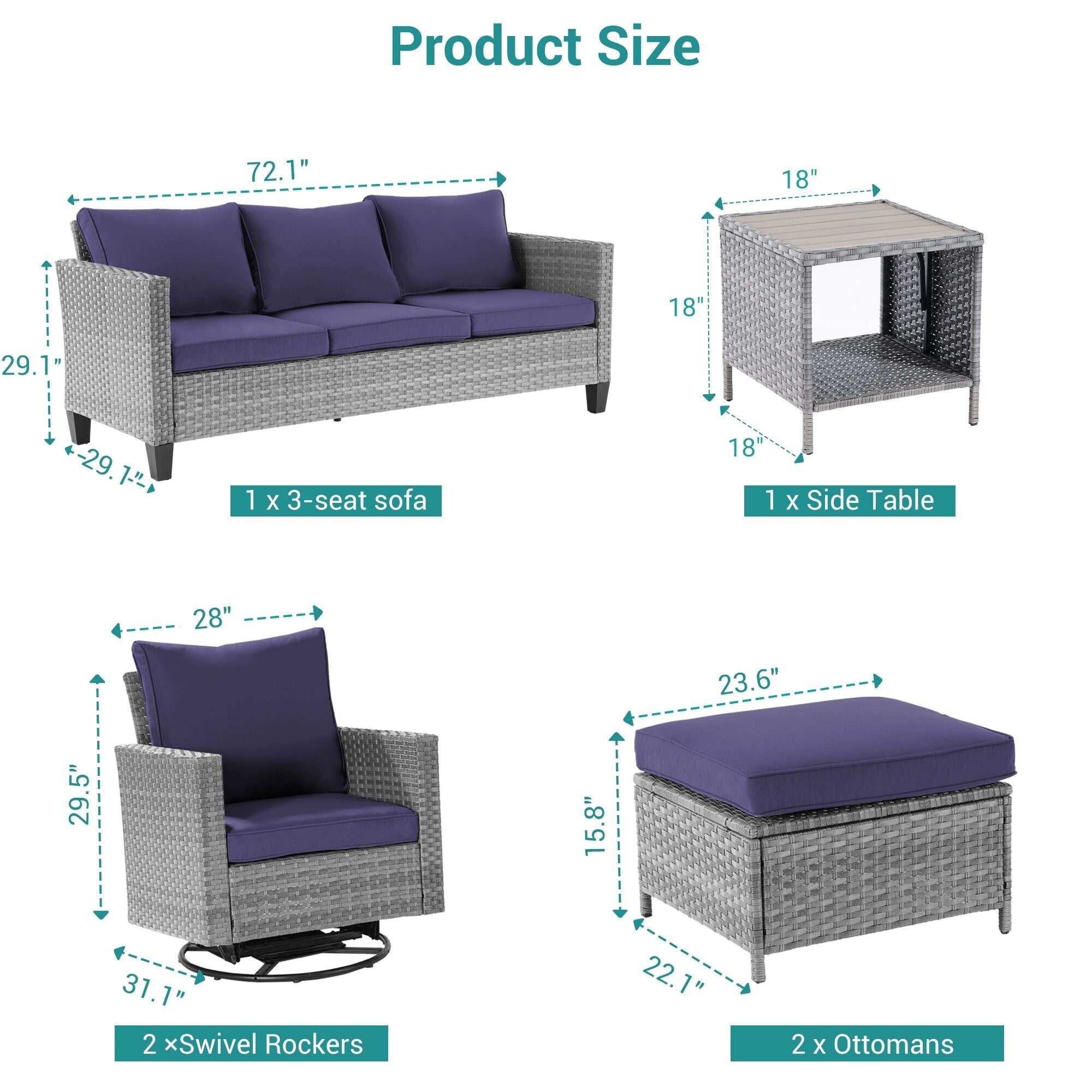 Ensemble de 6 canapés pivotants à bascule pour patio BONOSUKI en rotin gris avec table d'appoint