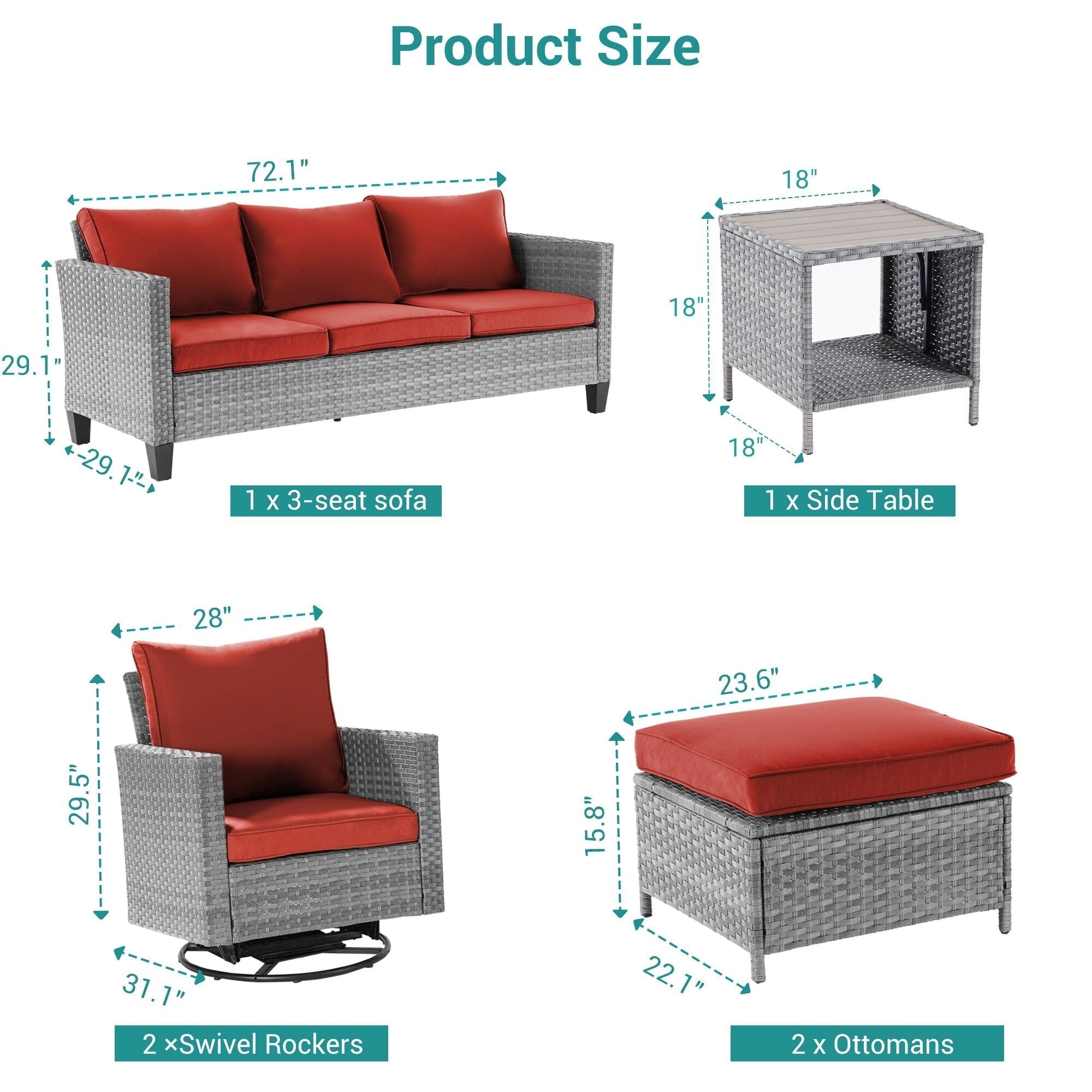 Ensemble de 6 canapés pivotants à bascule pour patio BONOSUKI en rotin gris avec table d'appoint