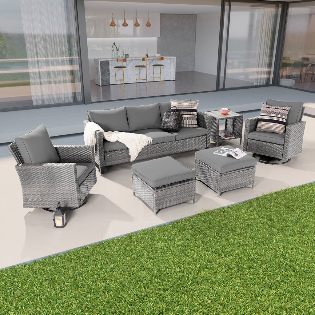 Ensemble de 6 canapés pivotants à bascule pour patio BONOSUKI en rotin gris avec table d'appoint