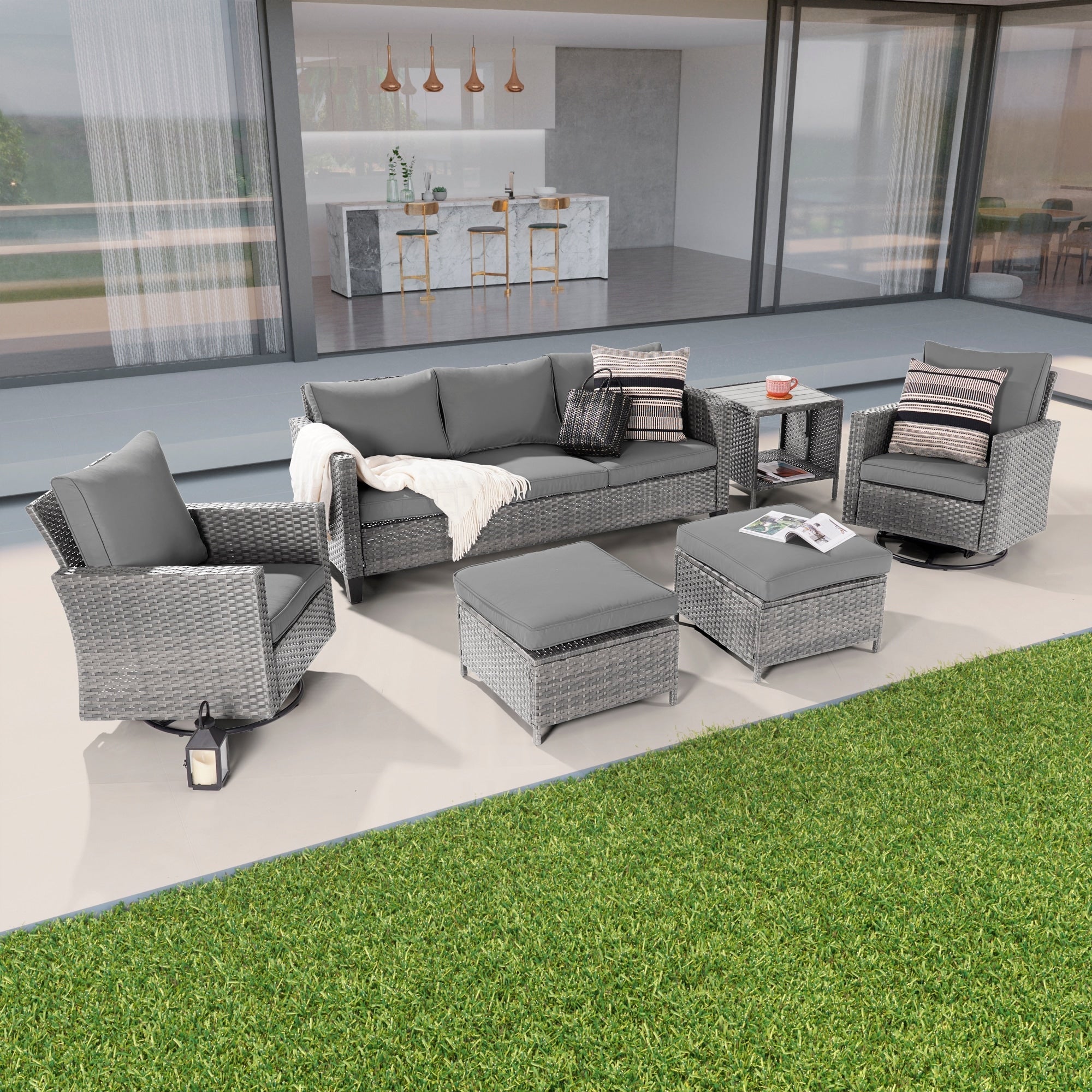 Ensemble de 6 canapés pivotants à bascule pour patio BONOSUKI en rotin gris avec table d'appoint