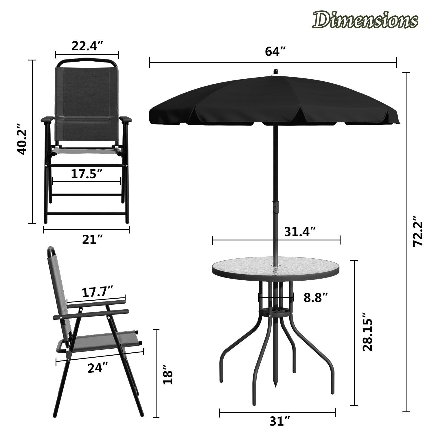 Ensemble de salle à manger d'extérieur pliable en métal BOSSIN 6 pièces avec parasol, table et chaises pour terrasse, pelouse et jardin
