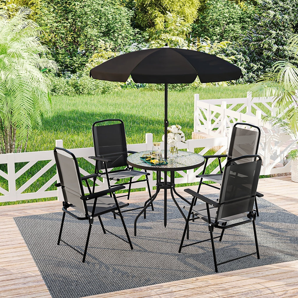 Ensemble de salle à manger d'extérieur pliable en métal BOSSIN 6 pièces avec parasol, table et chaises pour terrasse, pelouse et jardin