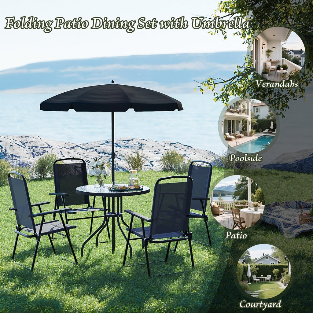 Ensemble de salle à manger d'extérieur pliable en métal BOSSIN 6 pièces avec parasol, table et chaises pour terrasse, pelouse et jardin