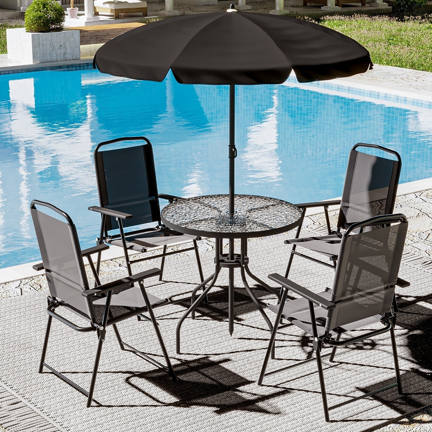 Ensemble de salle à manger d'extérieur pliable en métal BOSSIN 6 pièces avec parasol, table et chaises pour terrasse, pelouse et jardin