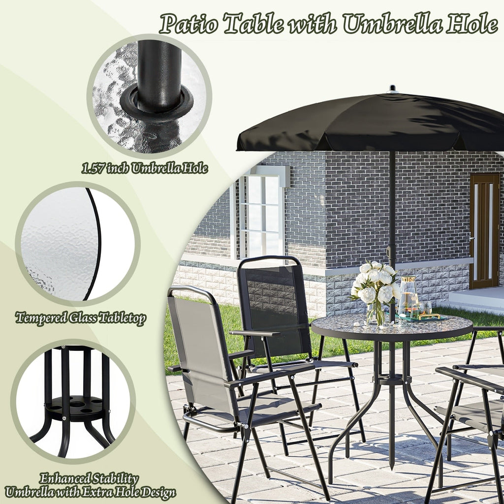 Ensemble de salle à manger d'extérieur pliable en métal BOSSIN 6 pièces avec parasol, table et chaises pour terrasse, pelouse et jardin
