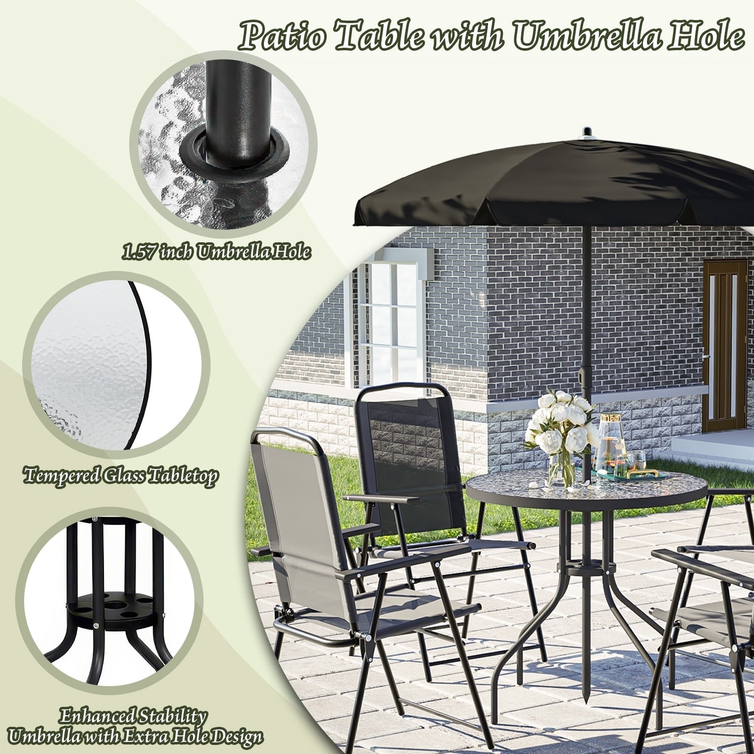 Ensemble de salle à manger d'extérieur pliable en métal BOSSIN 6 pièces avec parasol, table et chaises pour terrasse, pelouse et jardin