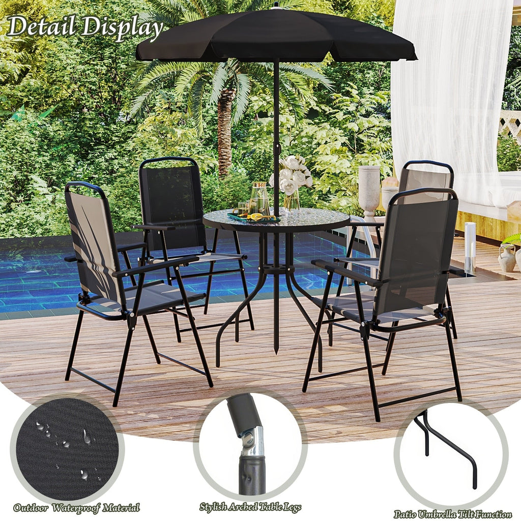 Ensemble de salle à manger d'extérieur pliable en métal BOSSIN 6 pièces avec parasol, table et chaises pour terrasse, pelouse et jardin