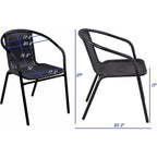 Table carrée en verre trempé BTEXPERT pour intérieur et extérieur, 28 po, avec bordure en rotin noir et 3 chaises empilables en rotin noir pour restaurant