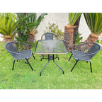 Table carrée en verre trempé BTEXPERT pour intérieur et extérieur, 28 po, avec bordure en rotin noir et 3 chaises empilables en rotin noir pour restaurant