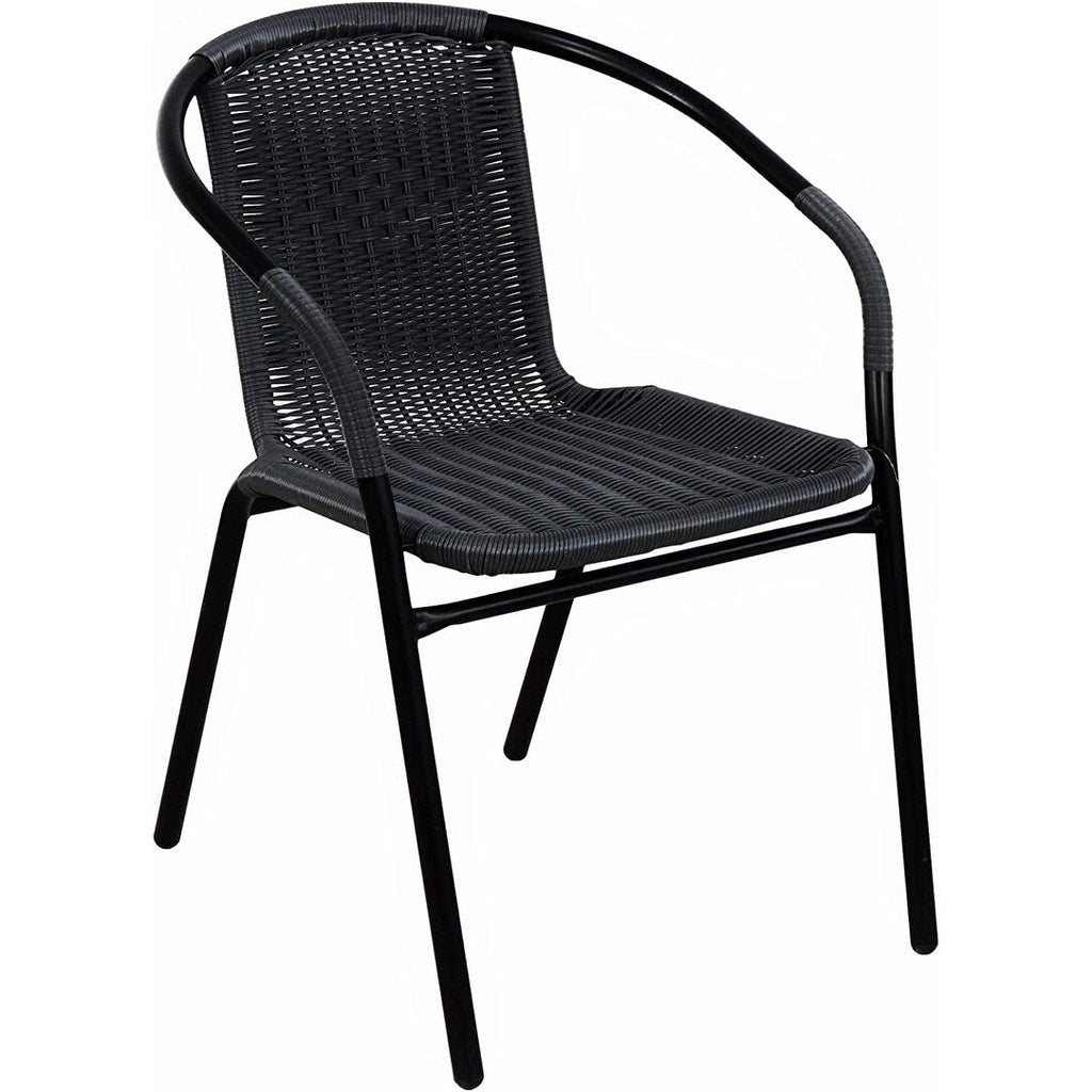 Table carrée en verre trempé BTEXPERT pour intérieur et extérieur, 28 po, avec bordure en rotin noir et 3 chaises empilables en rotin noir pour restaurant