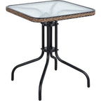 Table carrée en verre trempé BTEXPERT pour intérieur et extérieur, 28 po, avec bordure en rotin noir et 3 chaises empilables en rotin noir pour restaurant