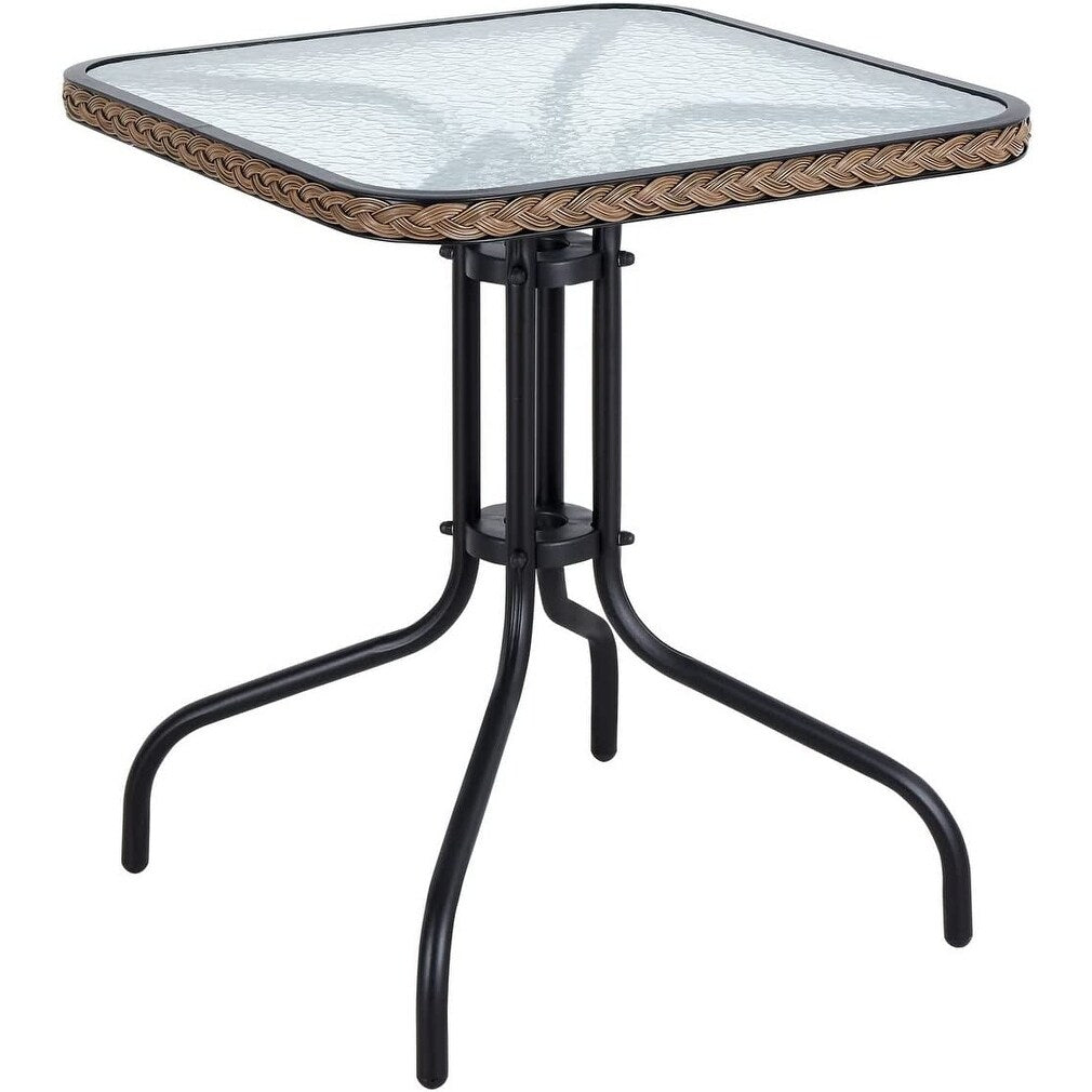 Table carrée en verre trempé BTEXPERT pour intérieur et extérieur, 28 po, avec bordure en rotin noir et 3 chaises empilables en rotin noir pour restaurant