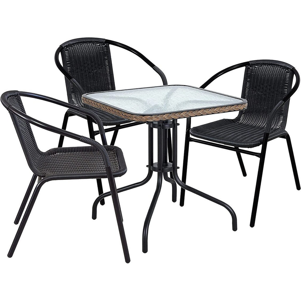 Table carrée en verre trempé BTEXPERT pour intérieur et extérieur, 28 po, avec bordure en rotin noir et 3 chaises empilables en rotin noir pour restaurant