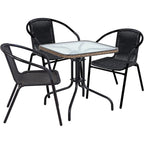 Table carrée en verre trempé BTEXPERT pour intérieur et extérieur, 28 po, avec bordure en rotin noir et 3 chaises empilables en rotin noir pour restaurant