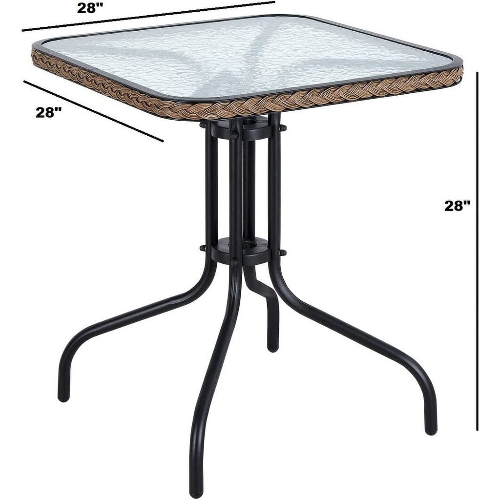 Table carrée en verre trempé BTEXPERT pour intérieur et extérieur, 28 po, avec bordure en rotin noir et 3 chaises empilables en rotin noir pour restaurant