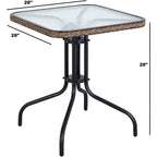 Table carrée en verre trempé BTEXPERT pour intérieur et extérieur, 28 po, avec bordure en rotin noir et 3 chaises empilables en rotin noir pour restaurant