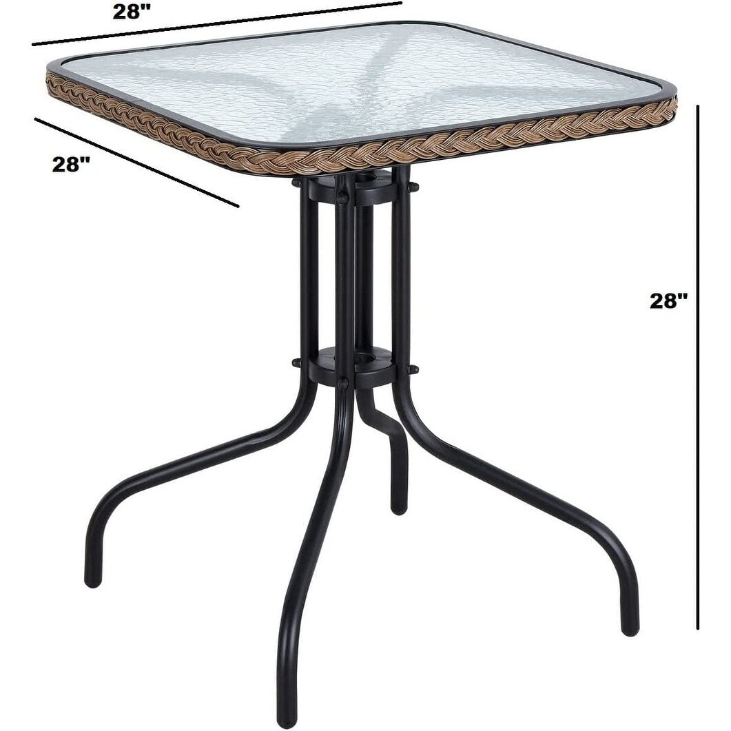 Table carrée en verre trempé BTEXPERT pour intérieur et extérieur, 28 po, avec bordure en rotin noir et 3 chaises empilables en rotin noir pour restaurant
