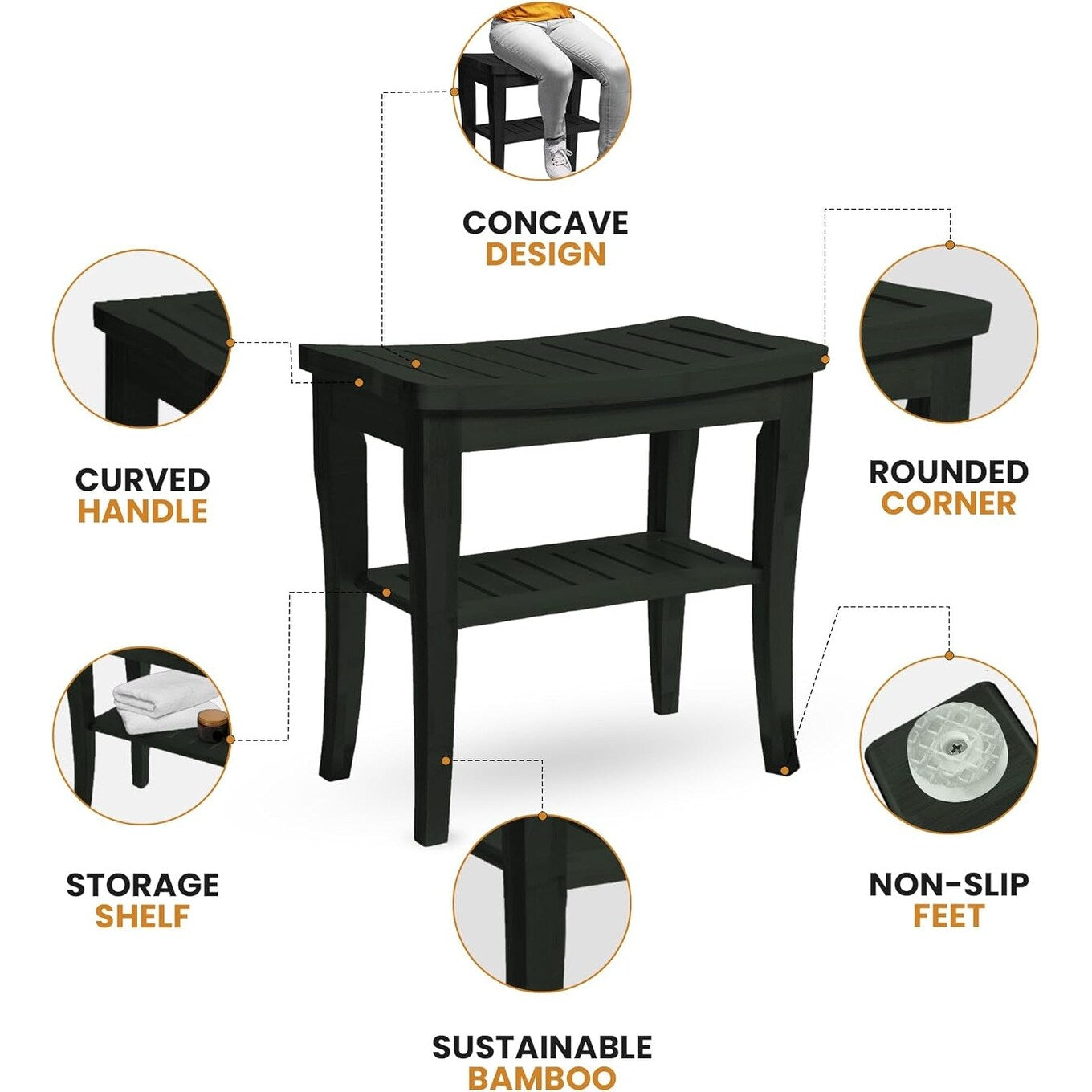 Banc de douche en bambou, tabouret de spa - Siège en bois à 2 niveaux, repose-pieds, tabouret de rasage avec pieds antidérapants et étagère de rangement